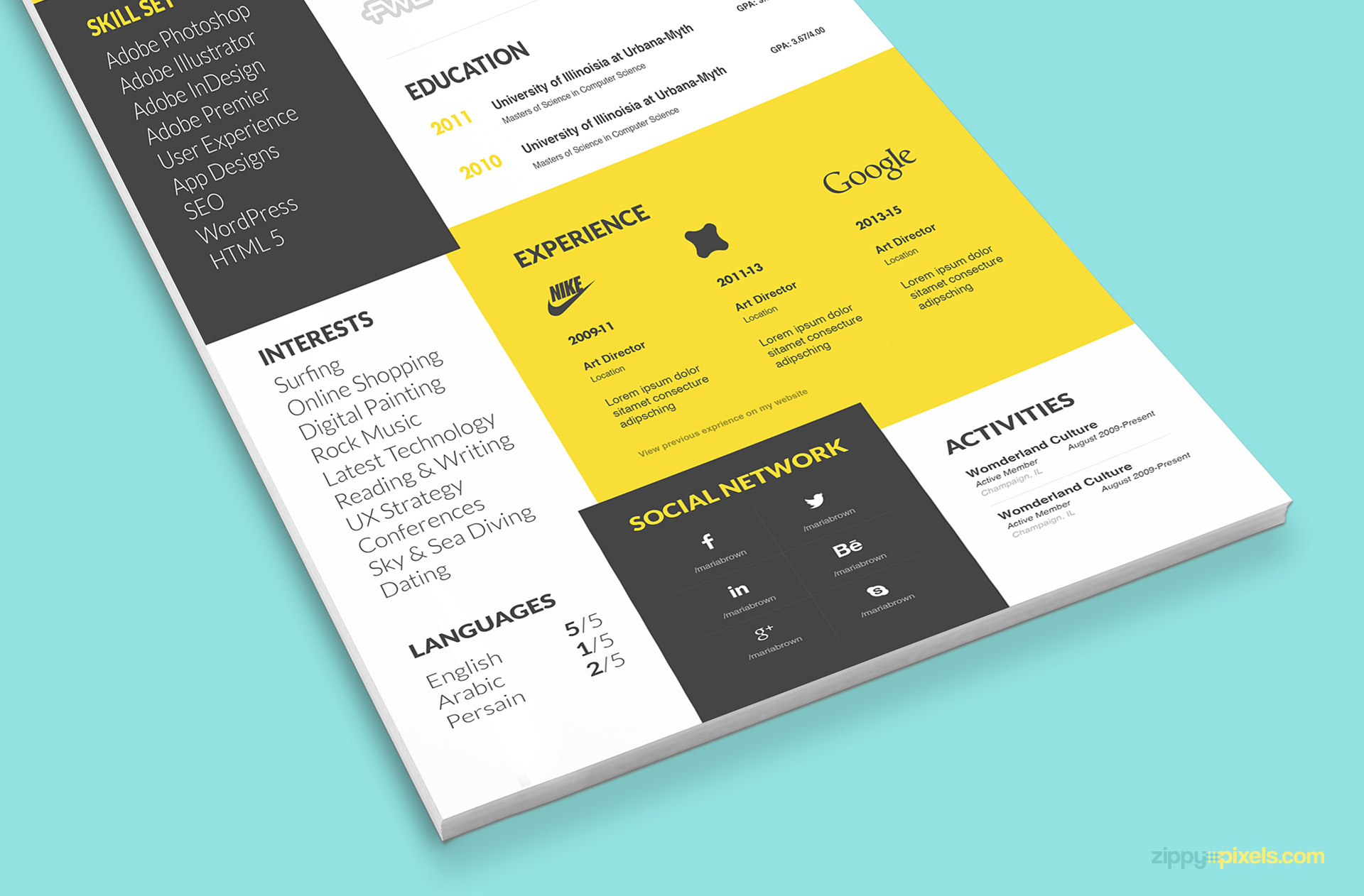 PSD resume template with unique visual appeal.