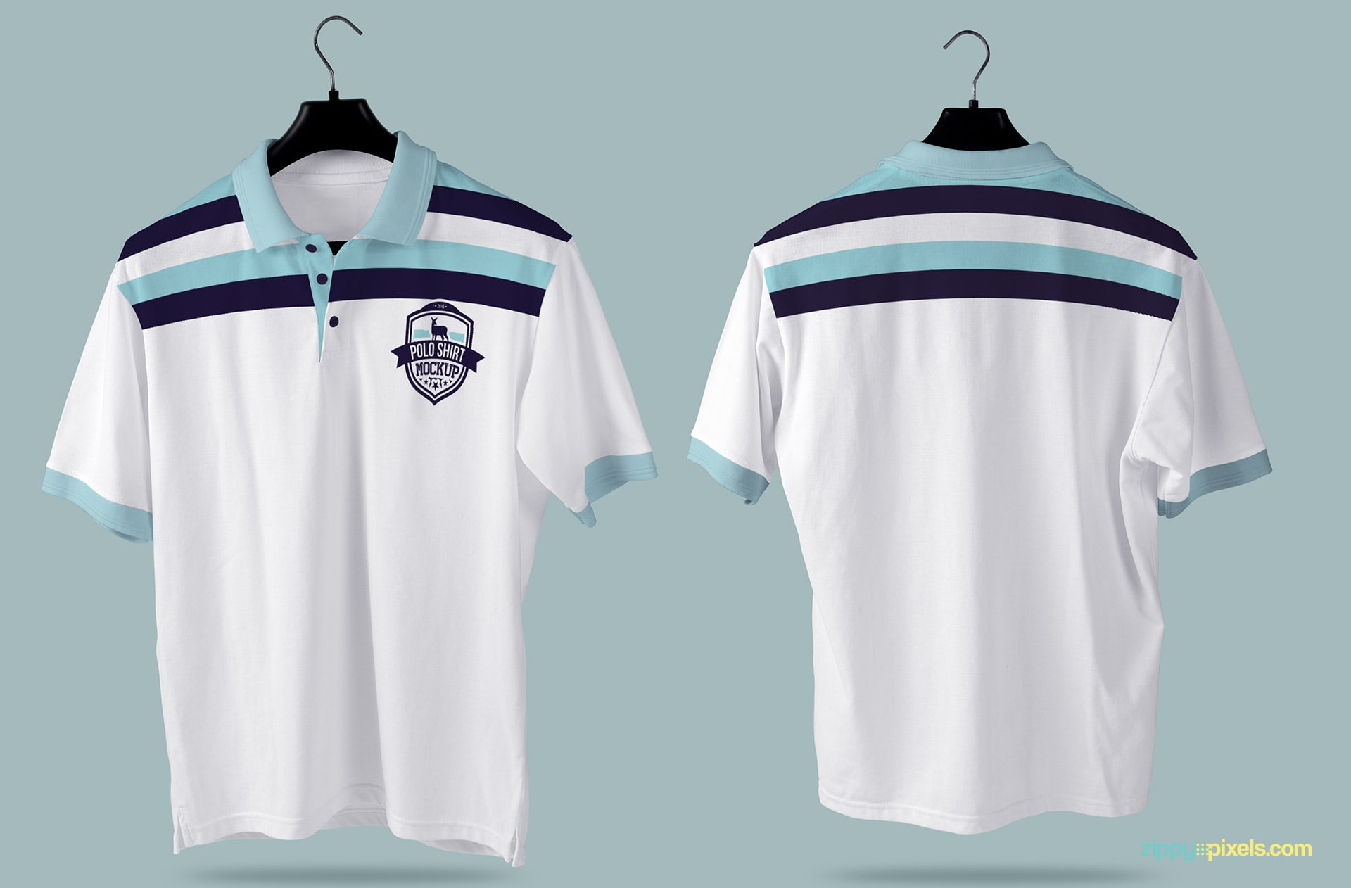 A hanging polo shirt mockup with a back and front view