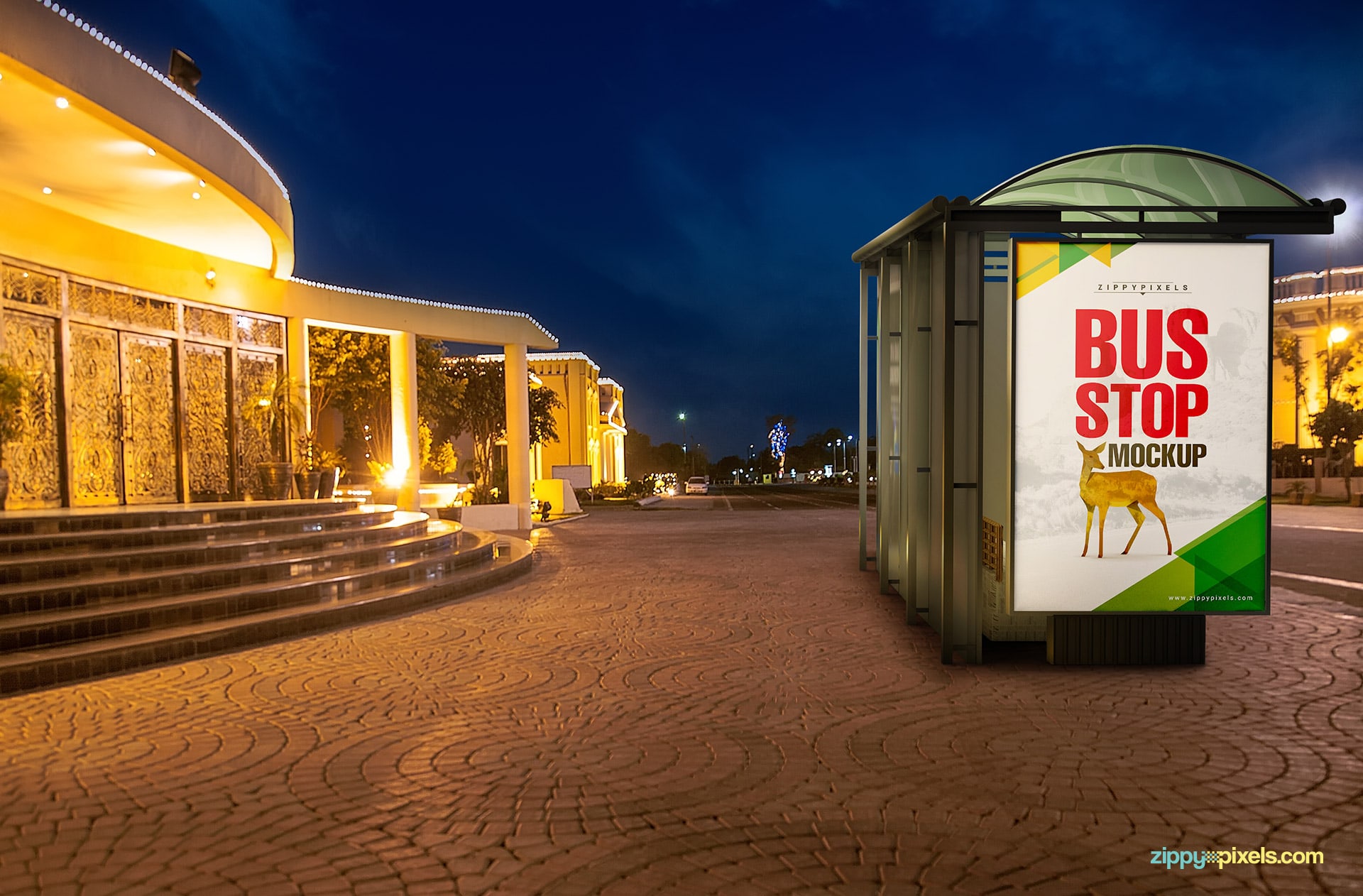 Bus stop PSD mockup on a brightly lit street