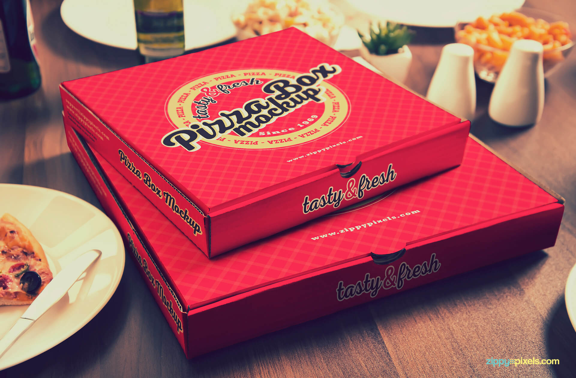 Pizza box branding mockups.