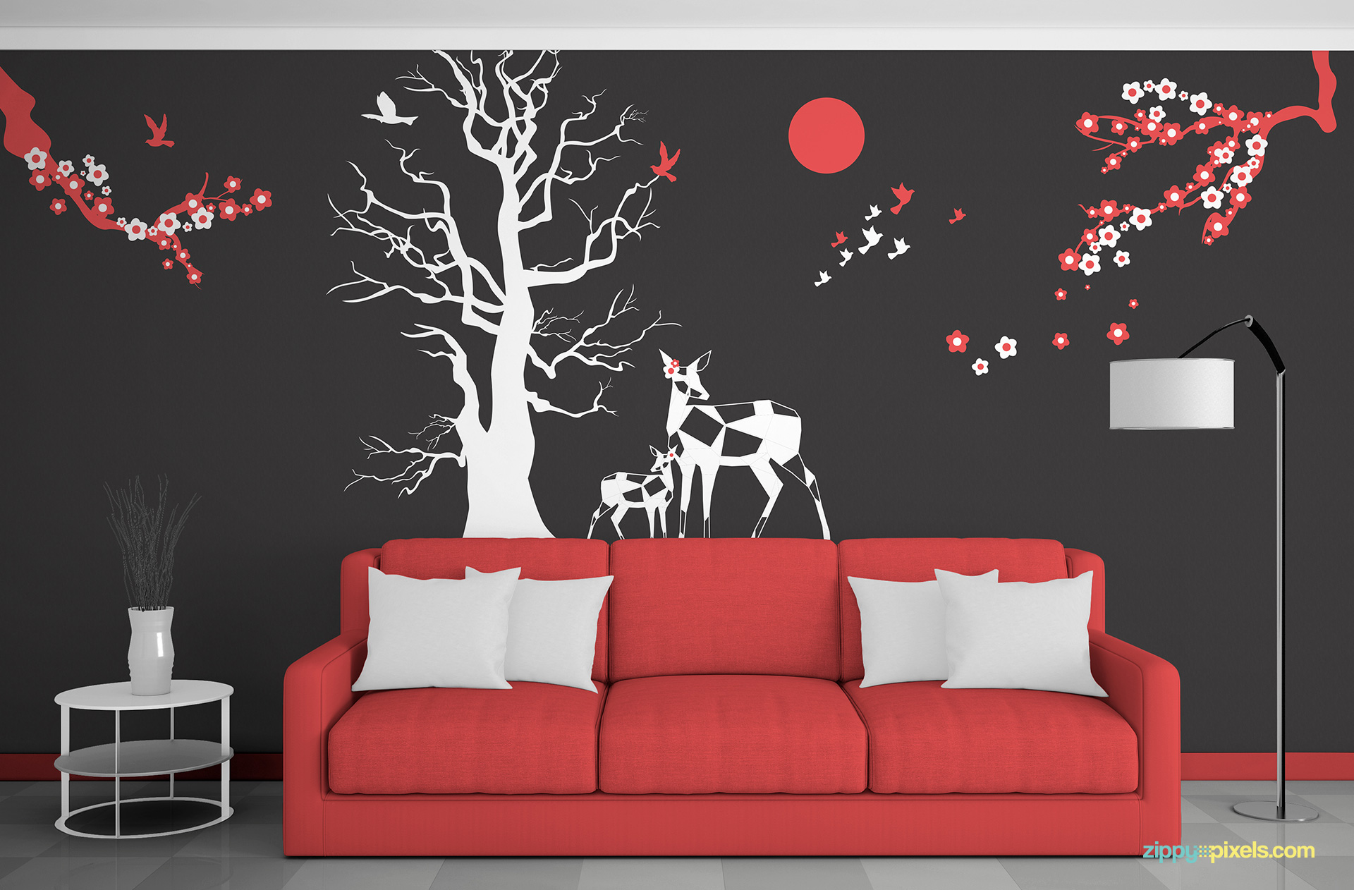 Editable wall art mockup in red and white color scheme