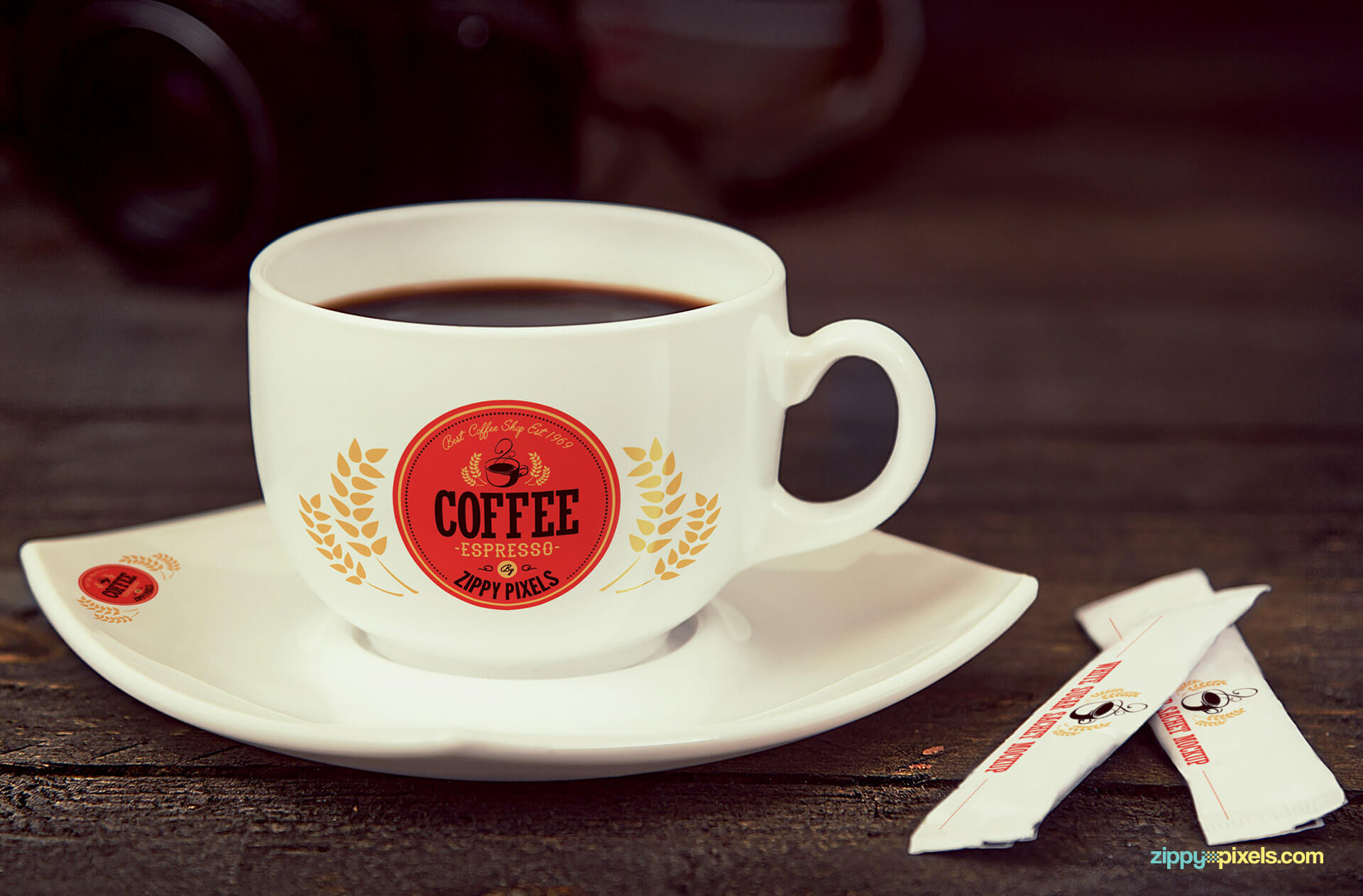 coffee cup and sugar sachet mockup