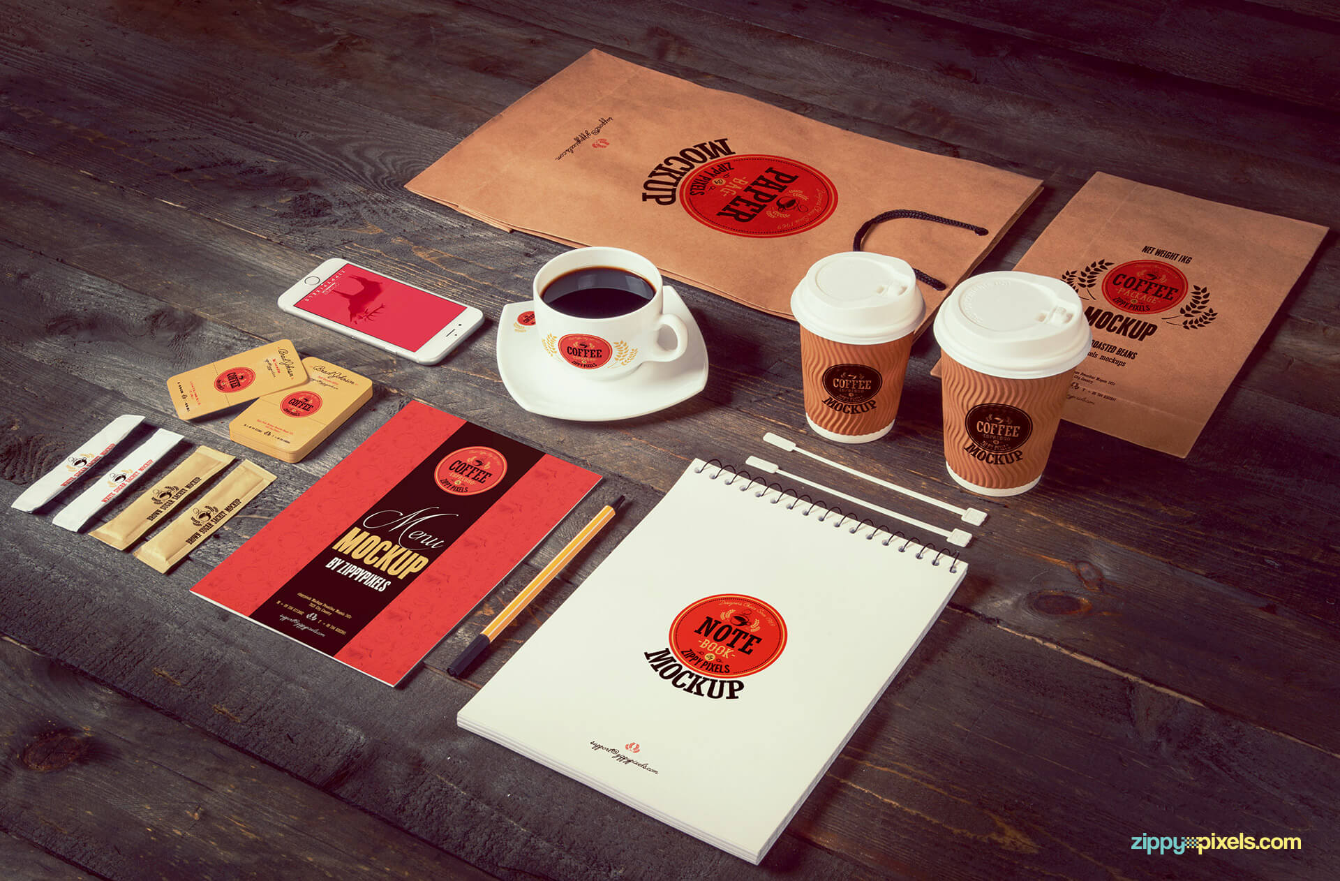 A complete set of coffee related packaging mockups