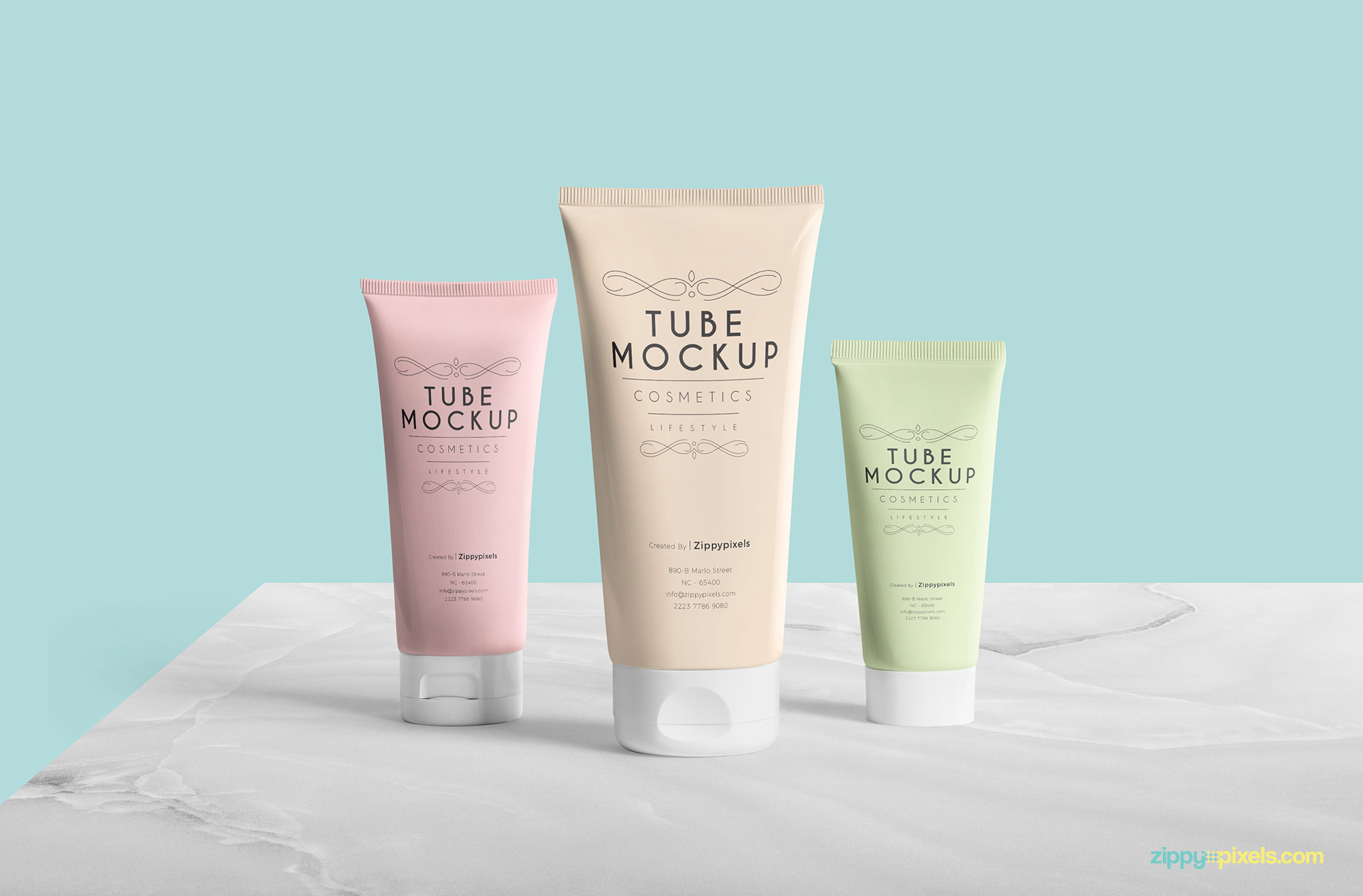 cosmetic tube mockup featuring three tubes on pristine customizable background