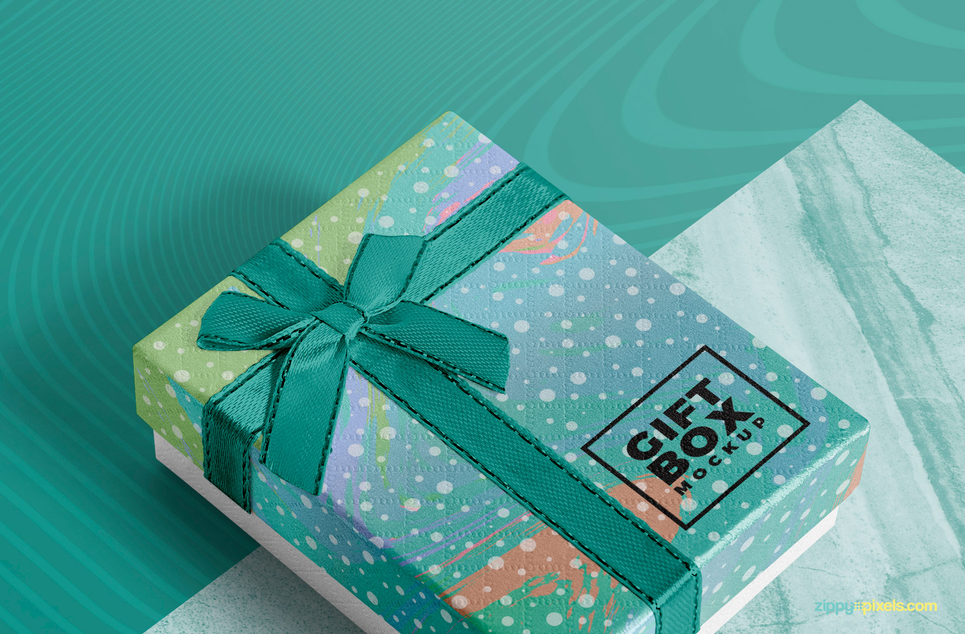 This gift box mockup comes with a customizable ribbon.