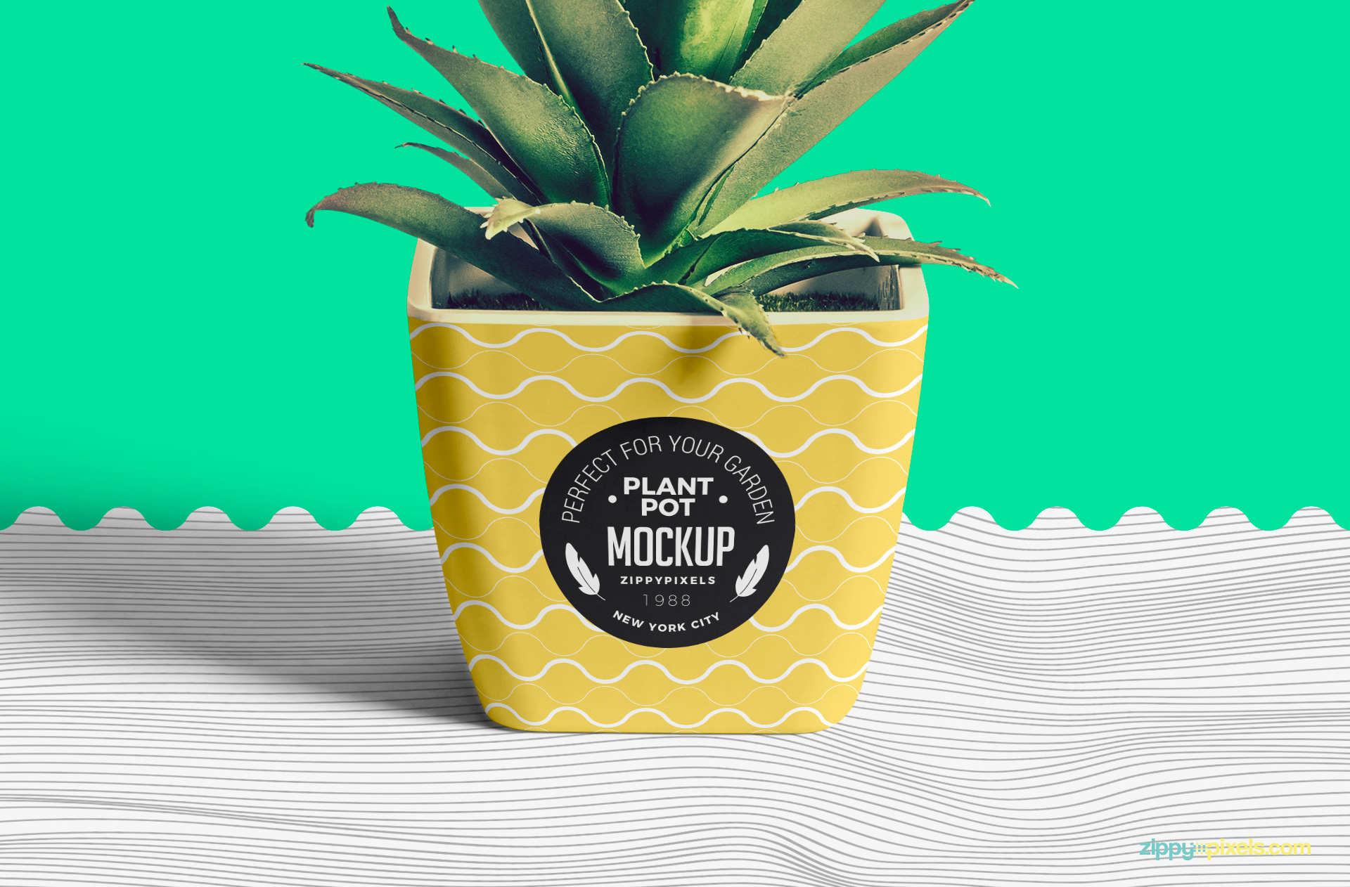 Stripped floor under this flower pot mockup is also customizable.