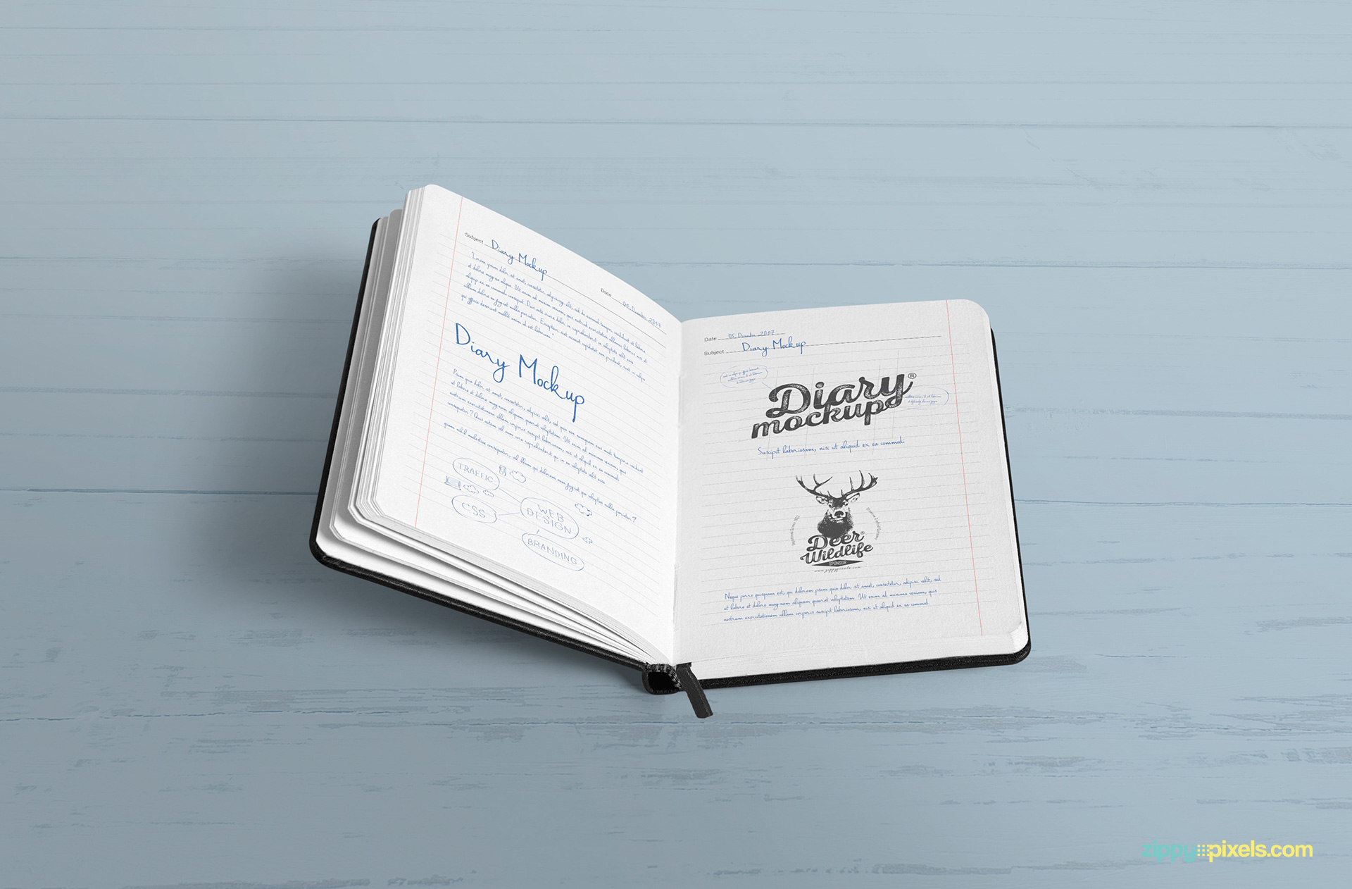 Full view of diary mockup psd with changeable background.