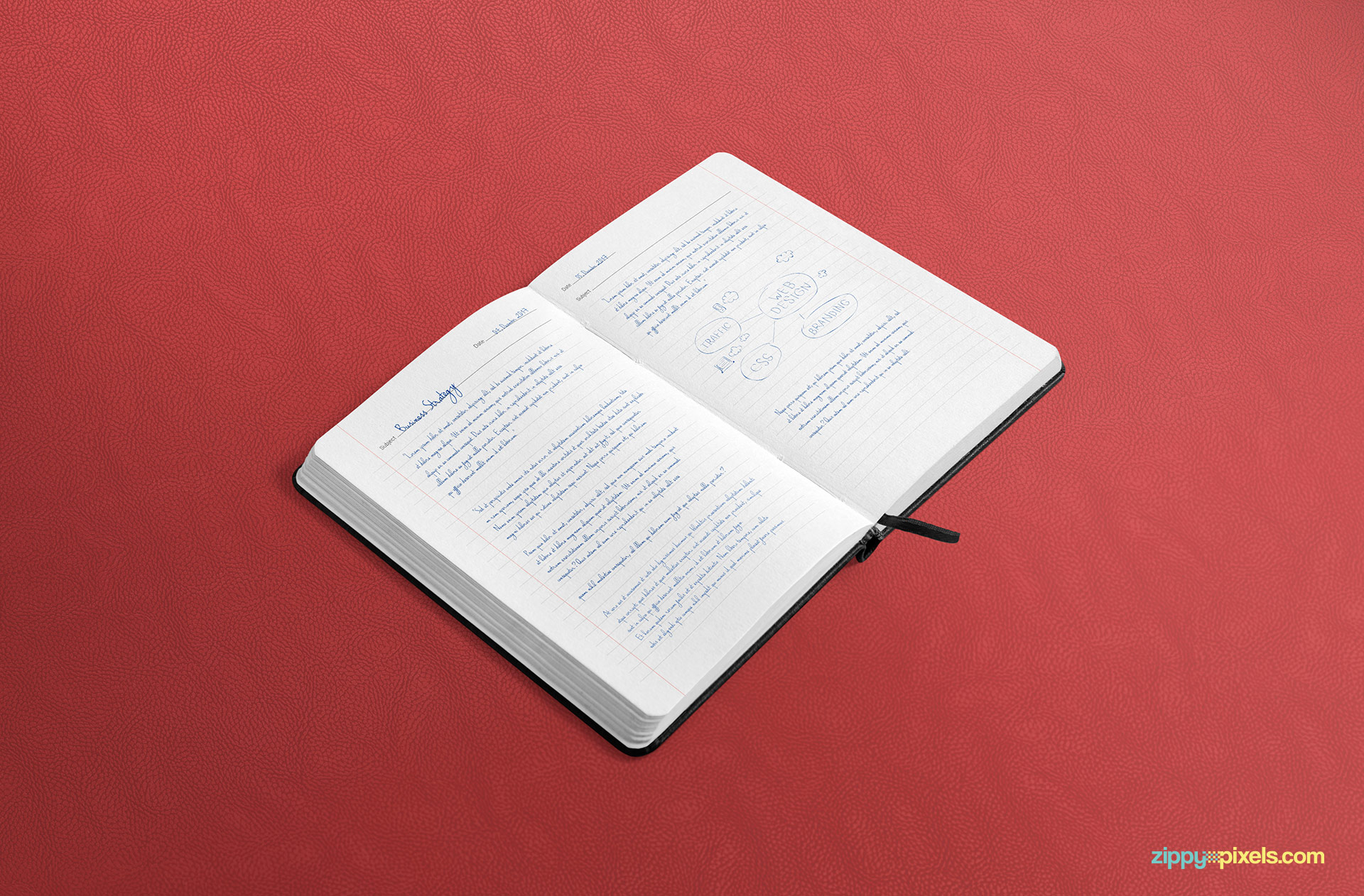 Open notebook mockup with a ribbon marker.