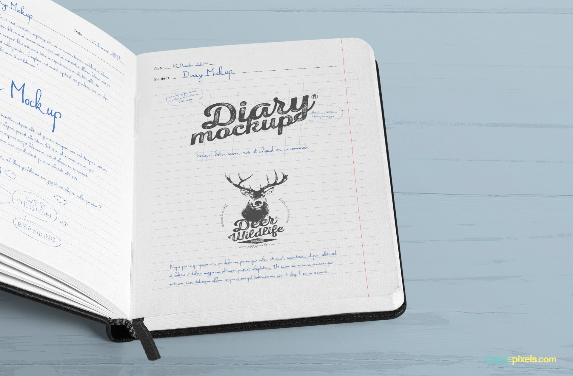 You can edit the color of ribbon marker and binding of this open diary mockup.