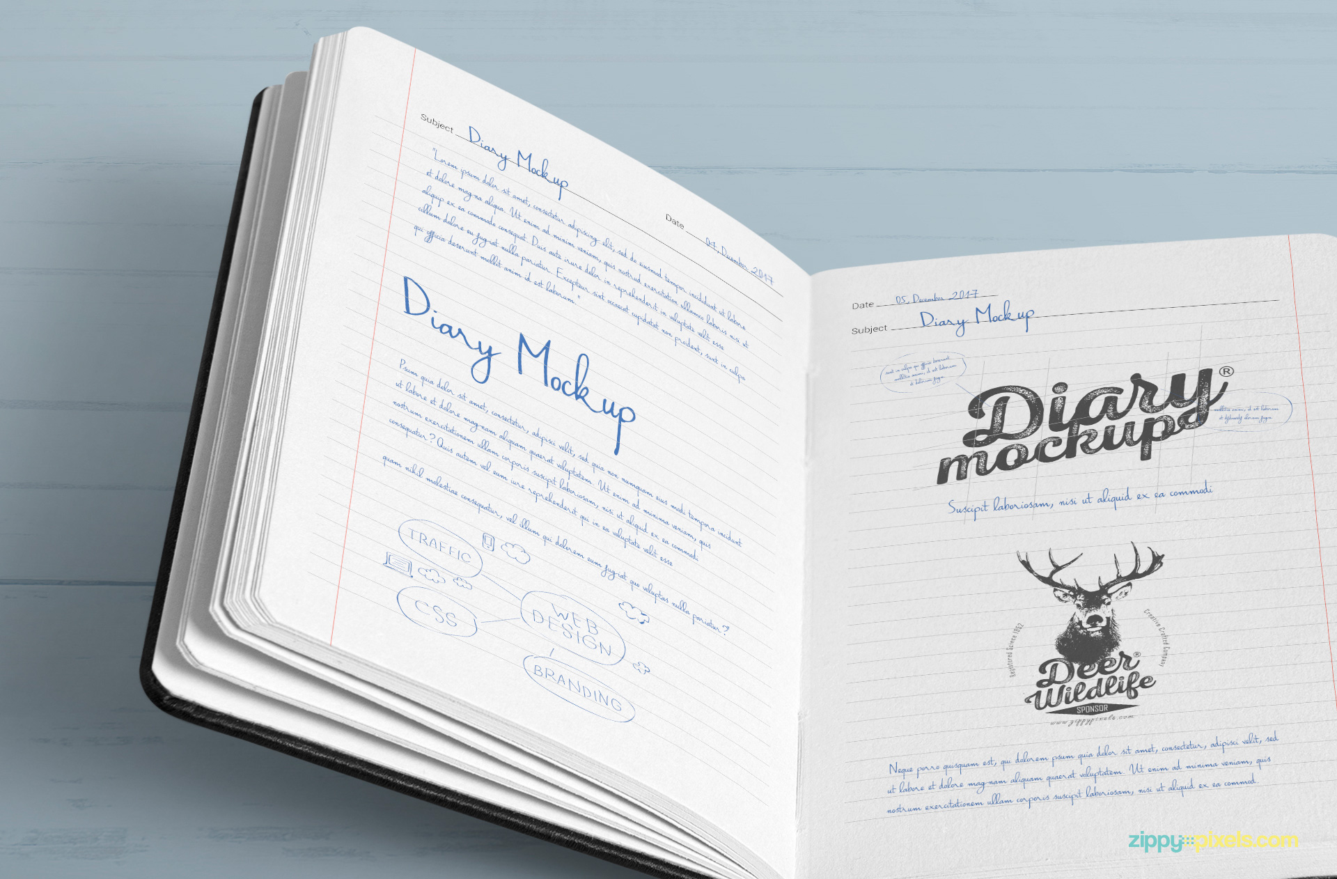 Changeable color and design of stack and inner pages of the diary mockup.