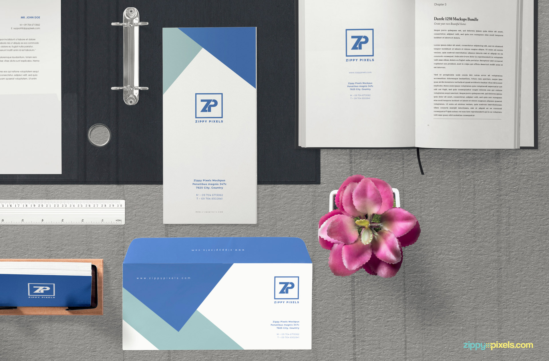 You can edit all of the office stationery items in this free mockup.