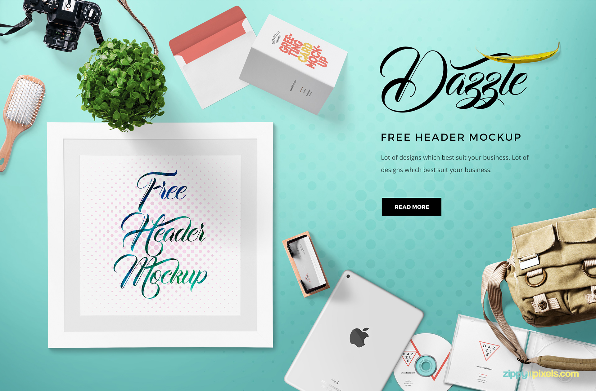 Free hero header mockup with moveable objects.