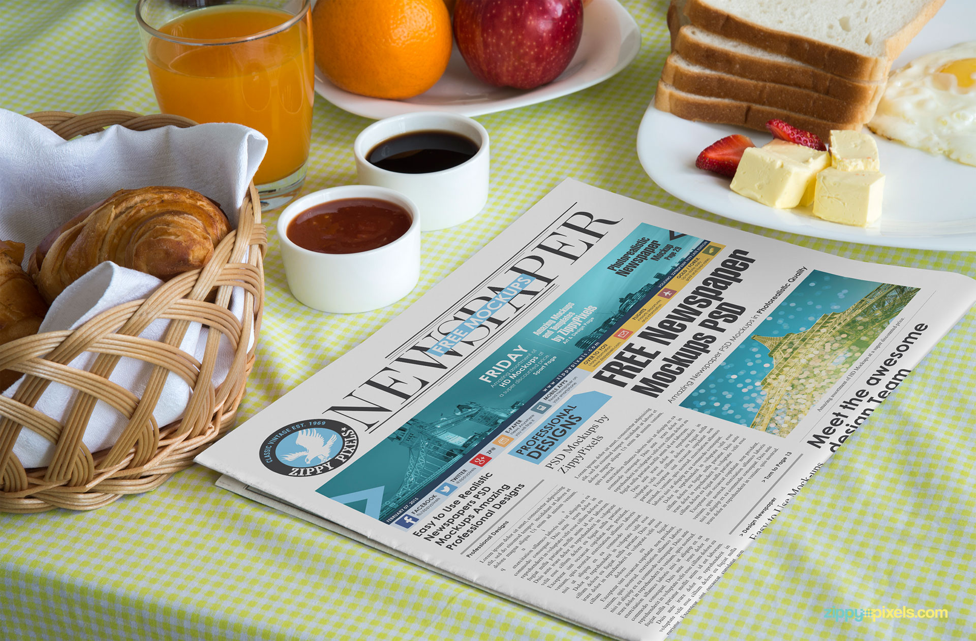 Free newspaper mockup PSD with a sophisticated breakfast table environment.