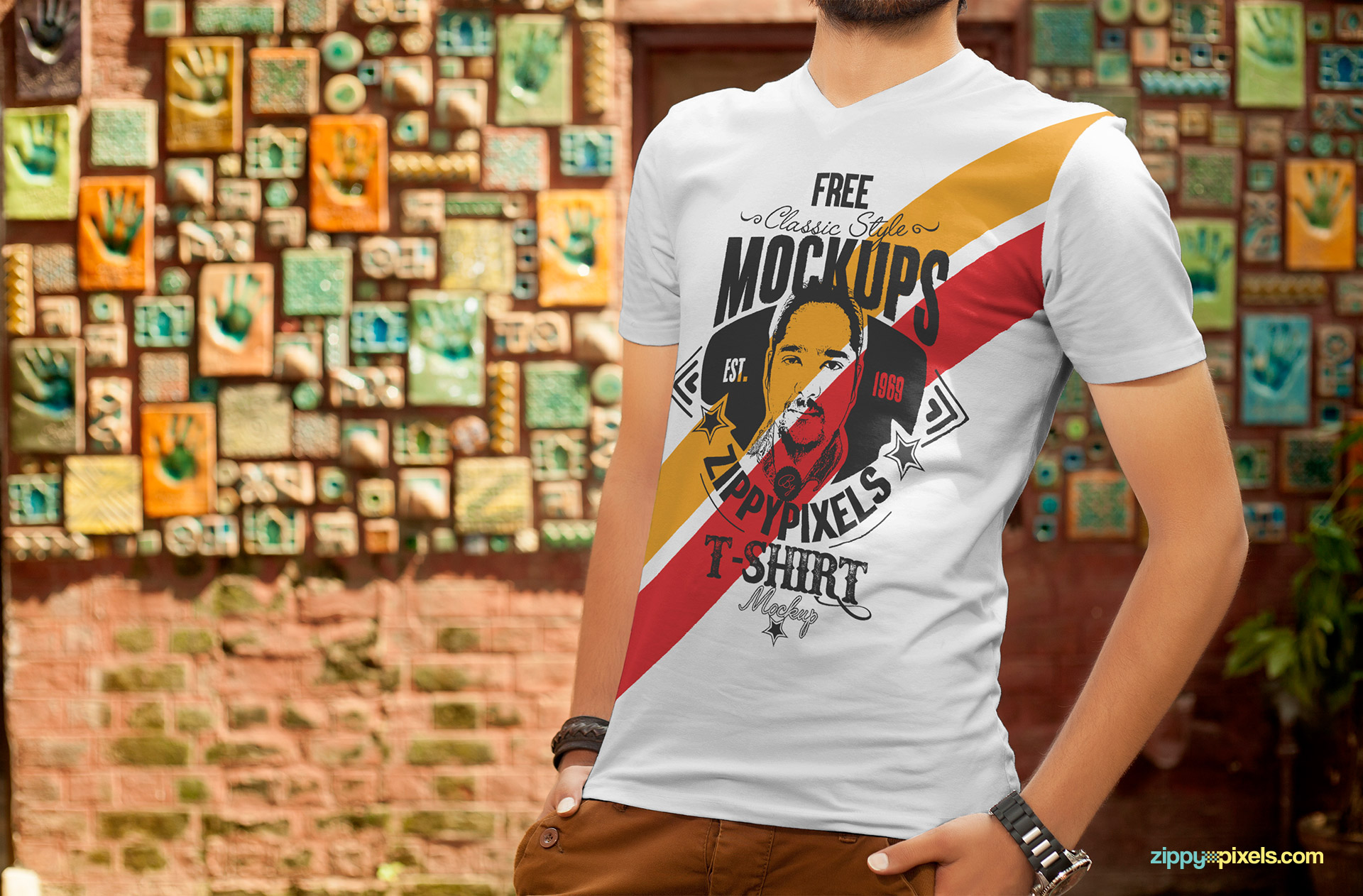 Free t-shirt design mockup with a professional model.