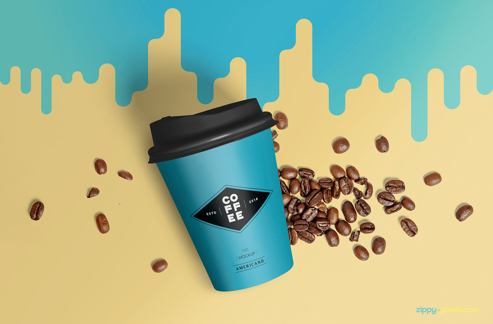 Splash background behind paper cup included in paper cup mockup PSD.