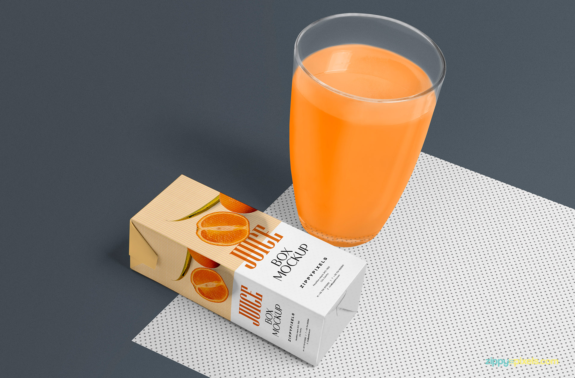 Customizable mat and background under the orange juice box and glass.