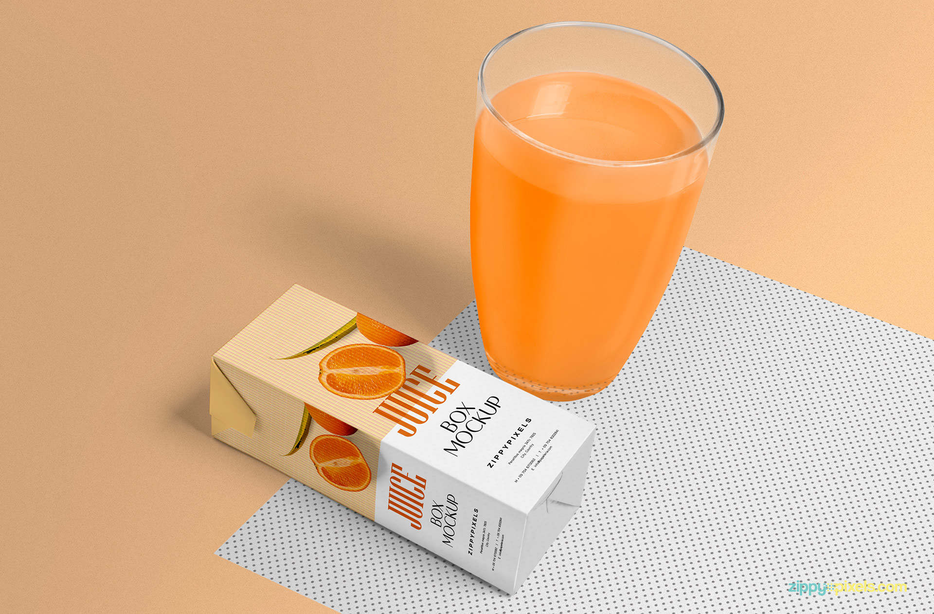 Realistic juice box with a glass of orange juice.