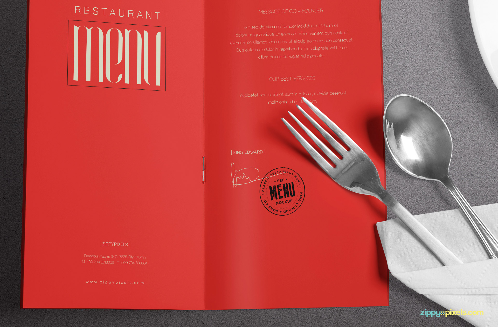 Zoom in view in of menu card and cutlery.