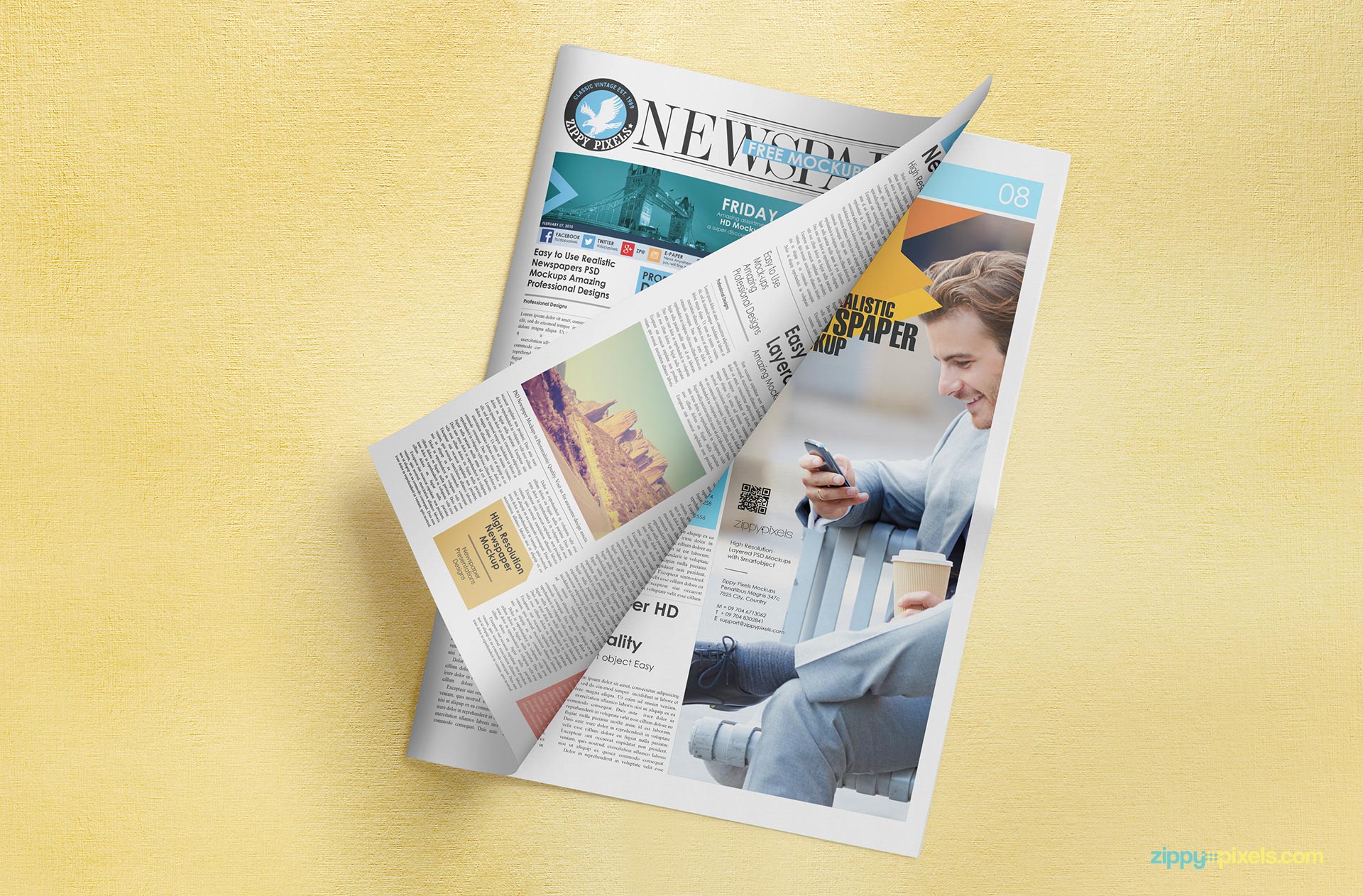 Free newspaper adverts mockup on a customizable background.