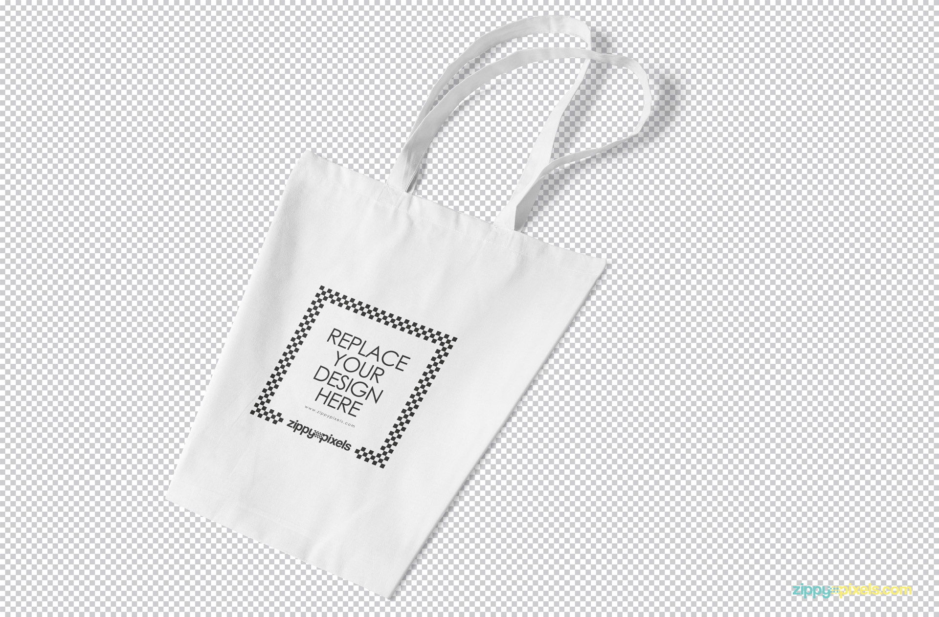 Plain white tote bag placed on greyscale.