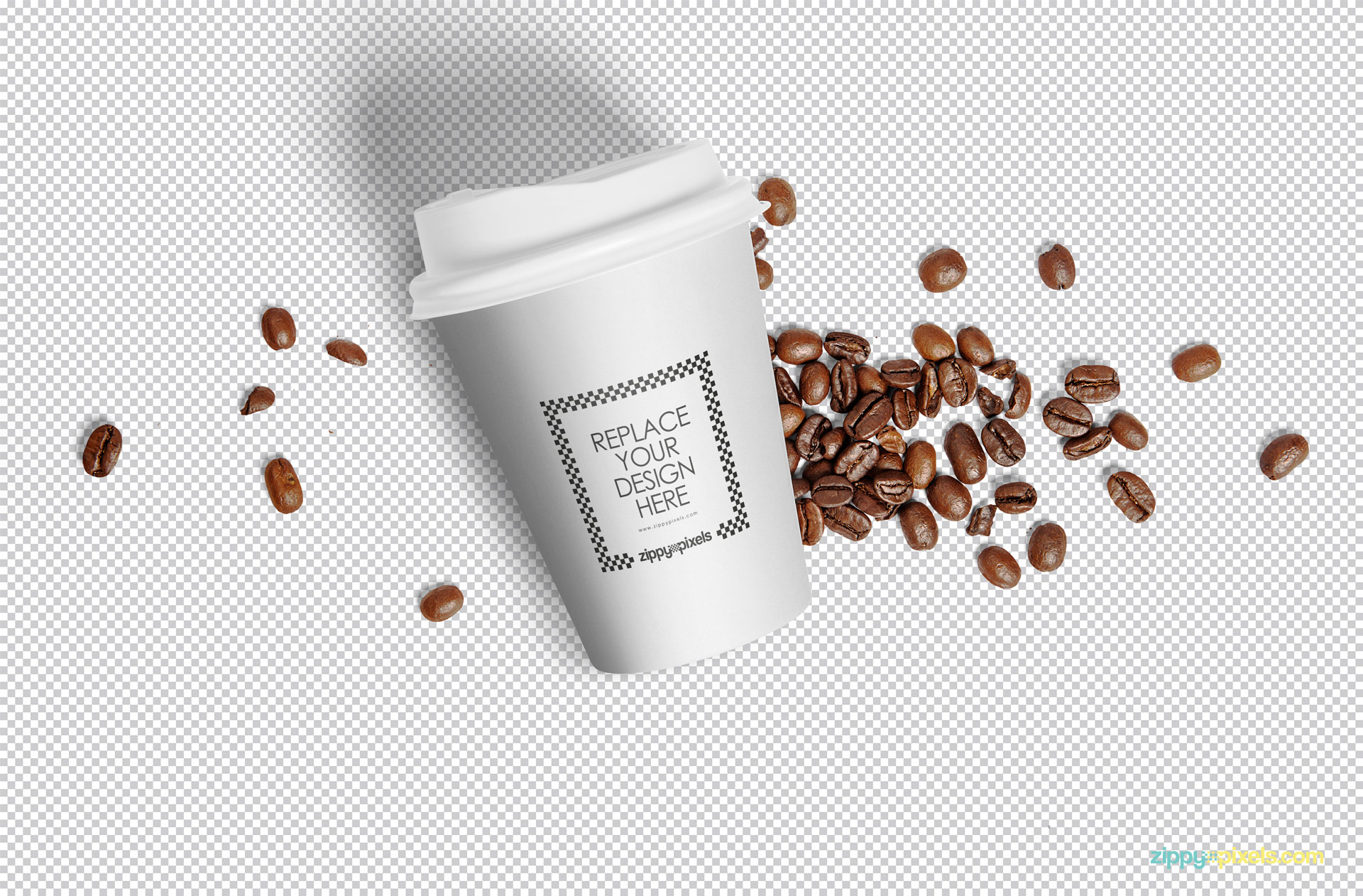 White cup and coffee beans placed on the gray-scale background.