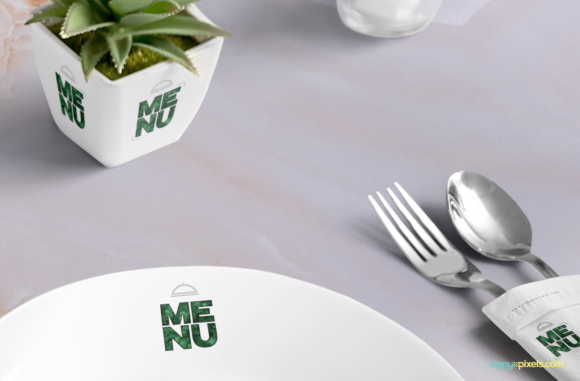 Plant pot, plate and napkin have separate smart objects for designs.