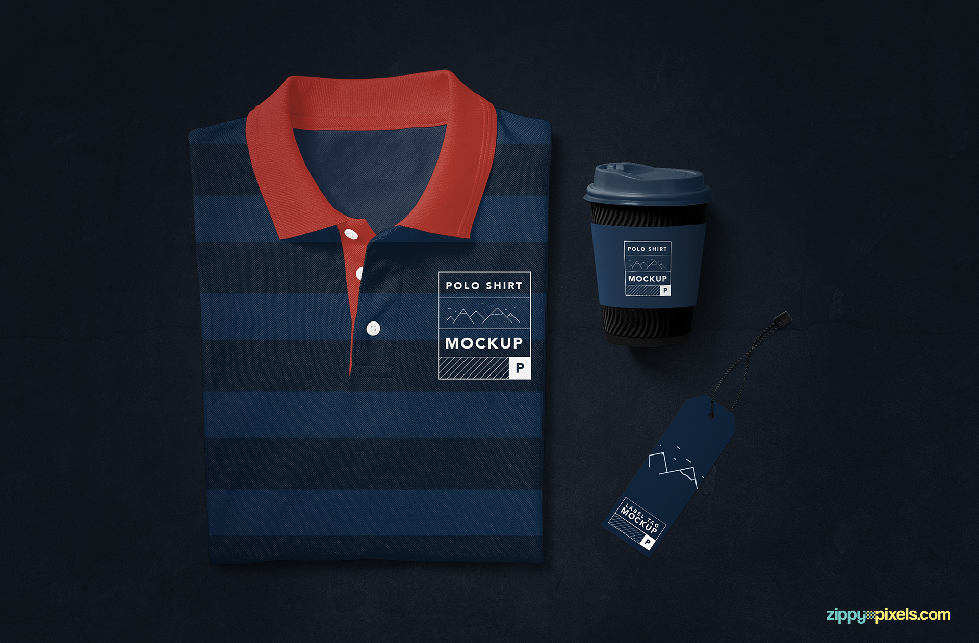 Polo shirt mockup with customizable coffee cup and label tag.