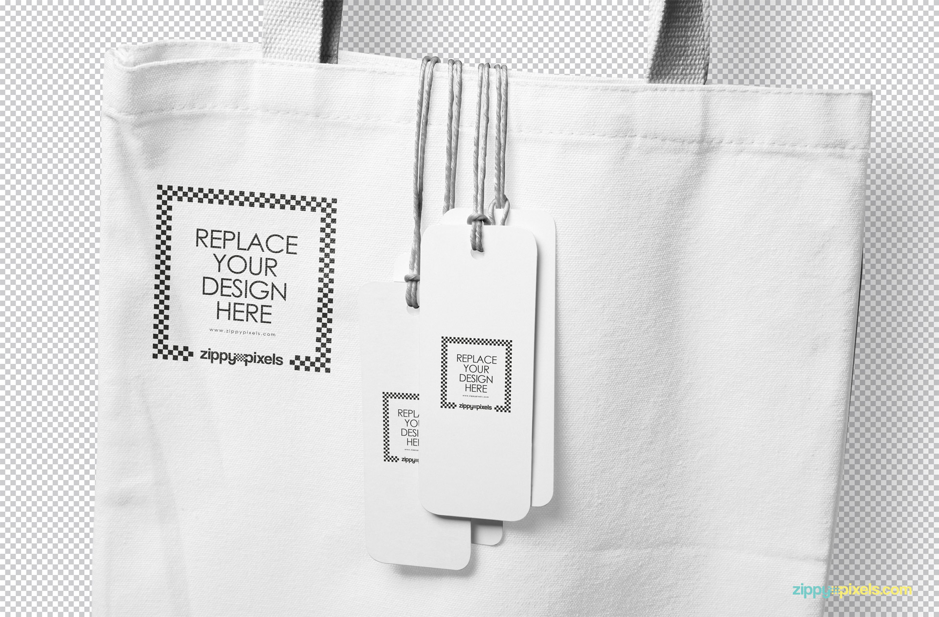 Use smart object to personalize tags and tote bag mockup with your designs.