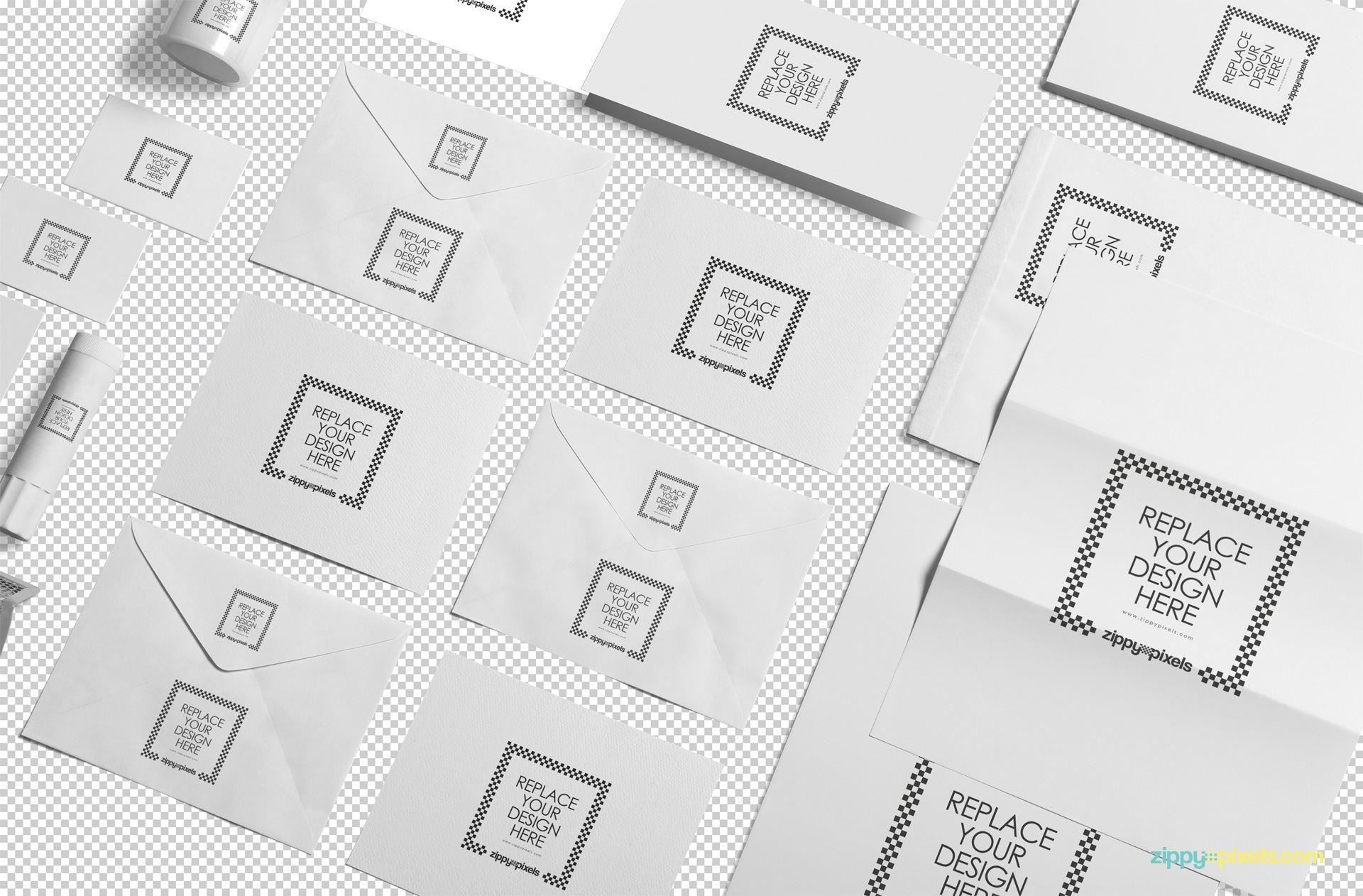 Plain white stationery items isolated with greyscale background.