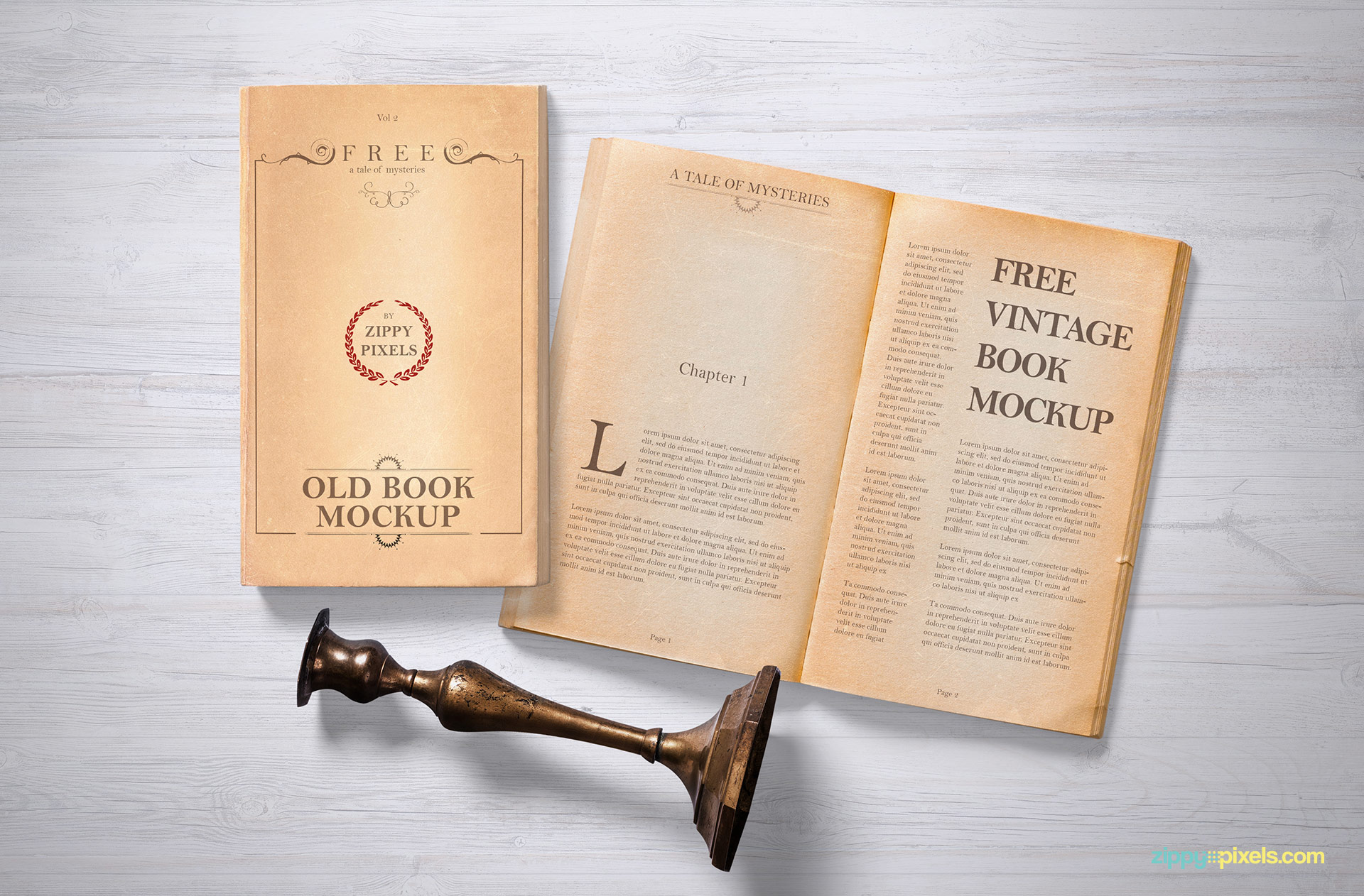 Free old grunge book mockup on wooden background.