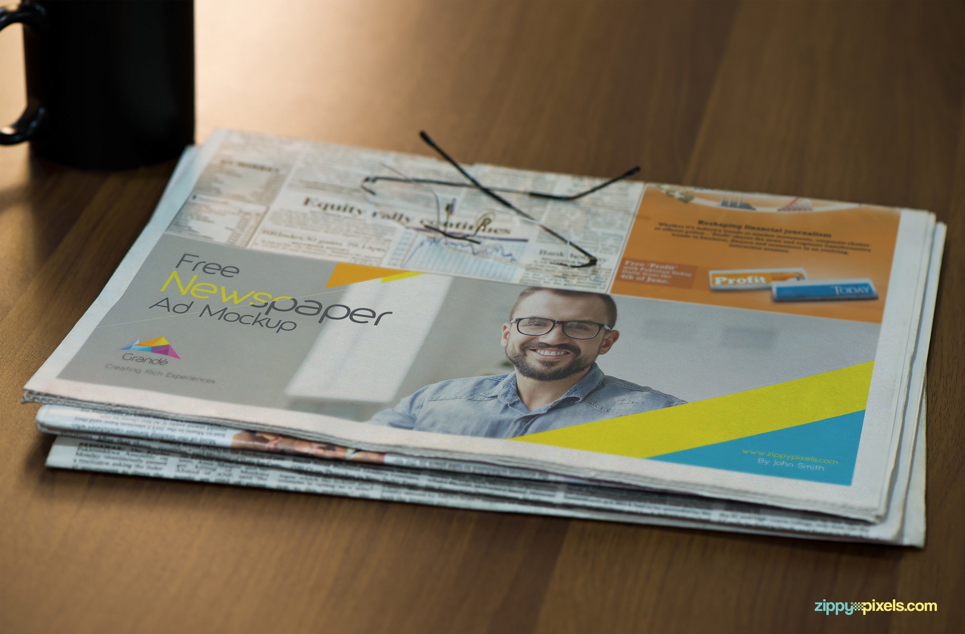 Free half-folded newspaper mockup.