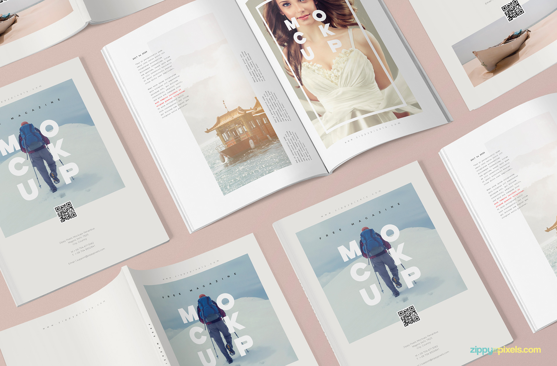 Customizable scene of three different magazine mockup templates.