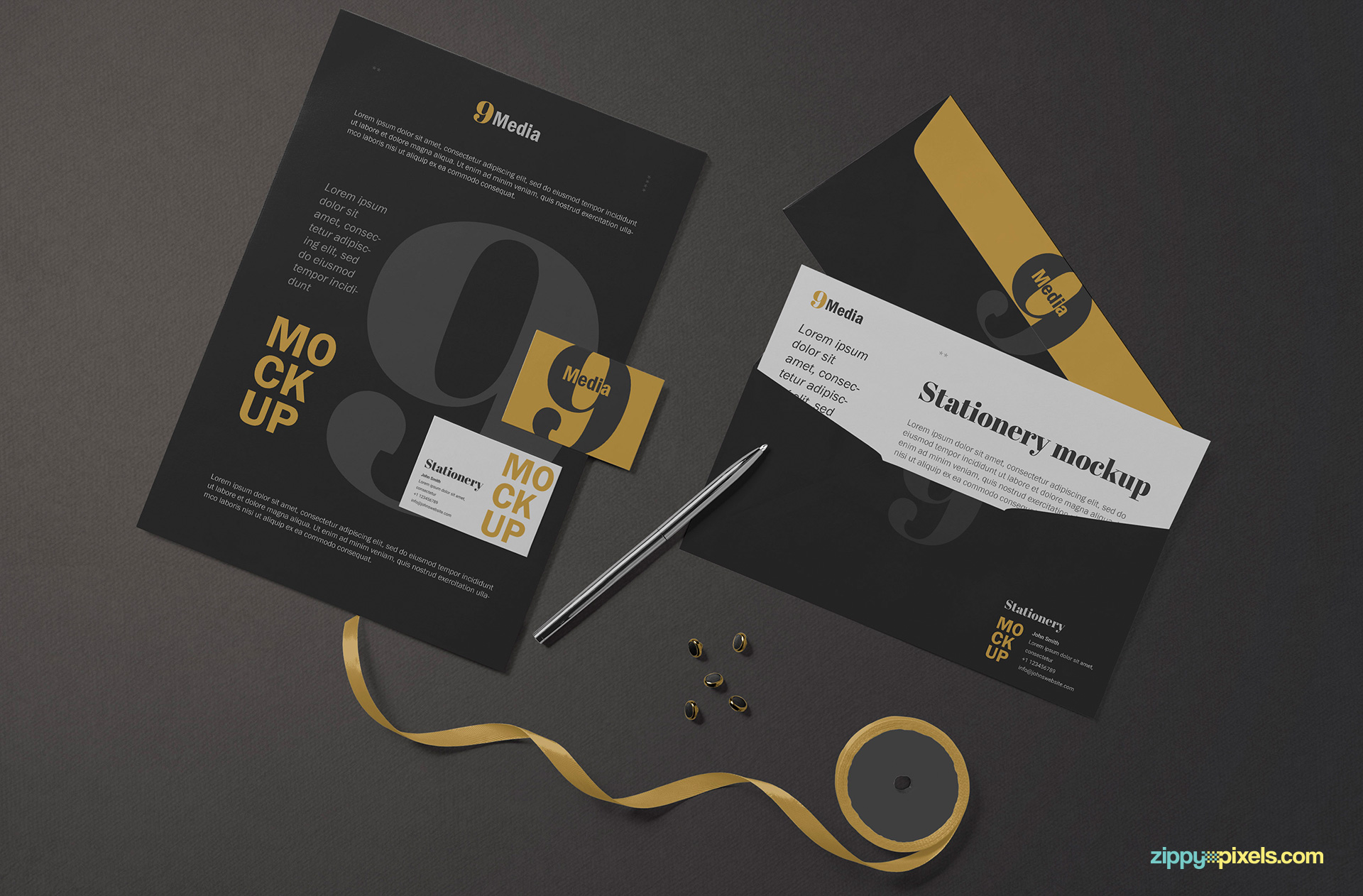 Free letterhead and business card mockup scene.