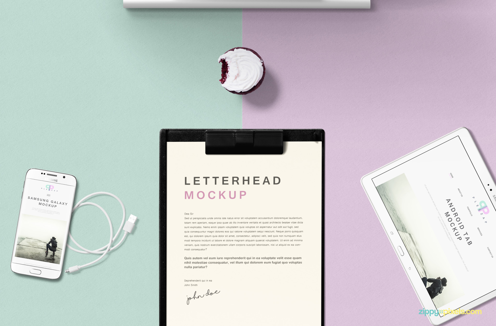 Letterhead mockup including mobile, tab, cupcake and wire.