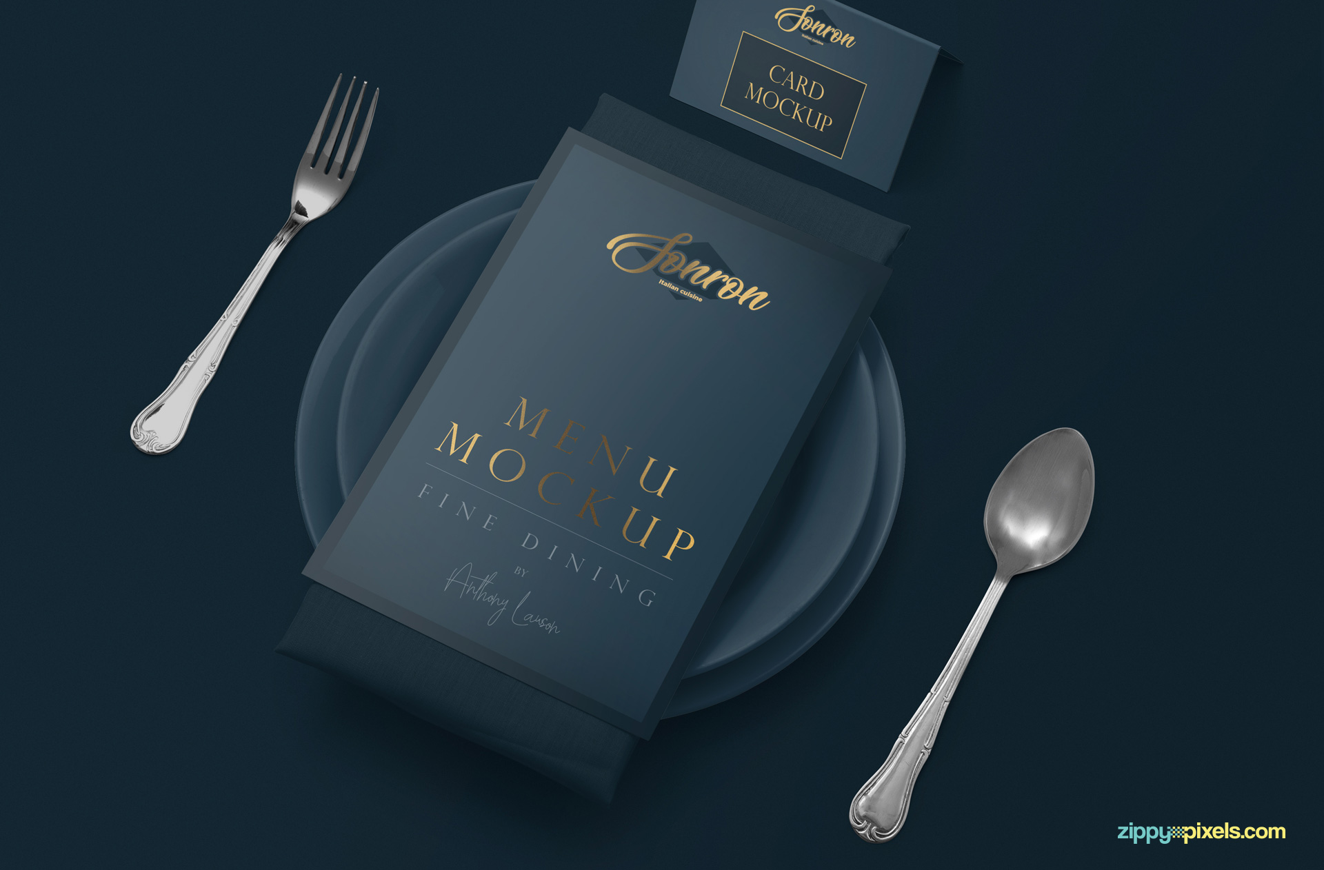 Menu card mockup scene with customizable plate, napkin, table card and cutlery.