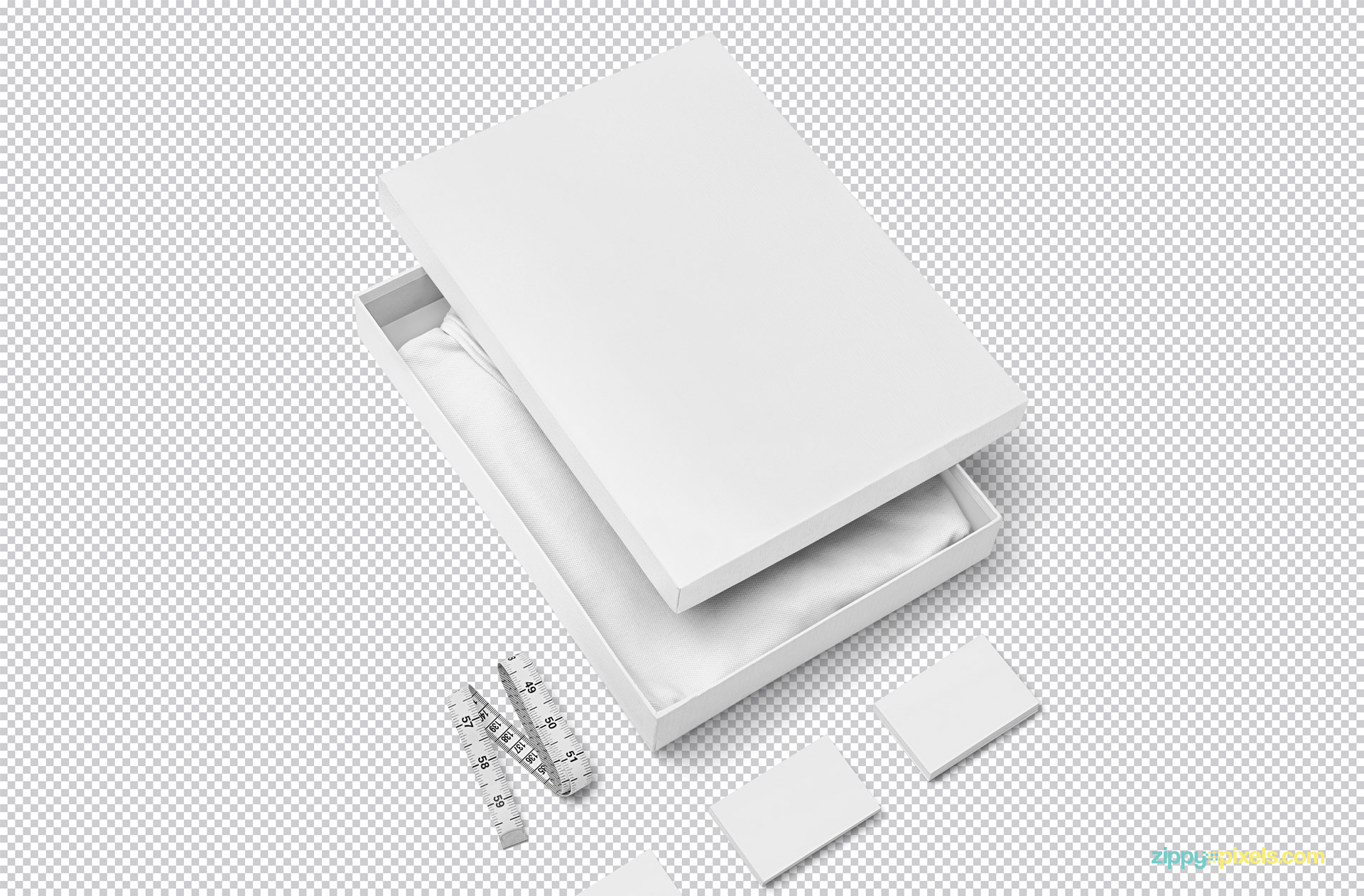 Plain white branding package mockup including t-shirt, box, business card and inches tape.