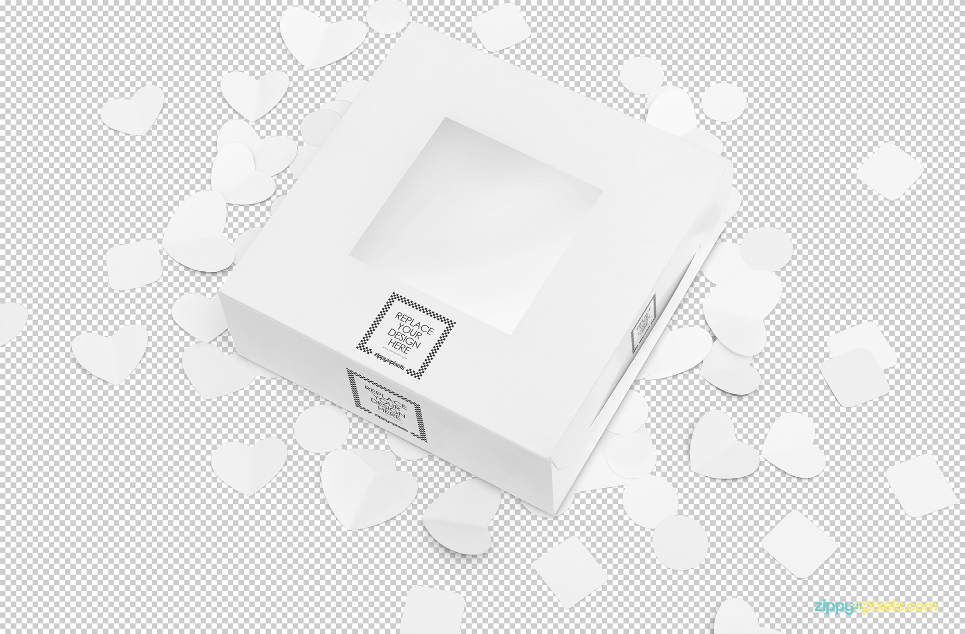 Plain white cake box placed on customizable background and paper shapes.