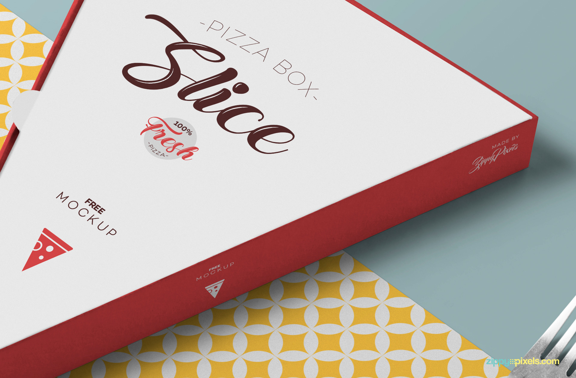 Top and side design of pizza slice box mockup have separate smart object option.