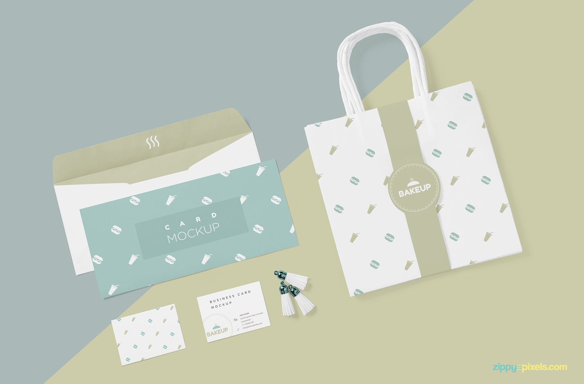 Stationery and packaging mockup in single scene.