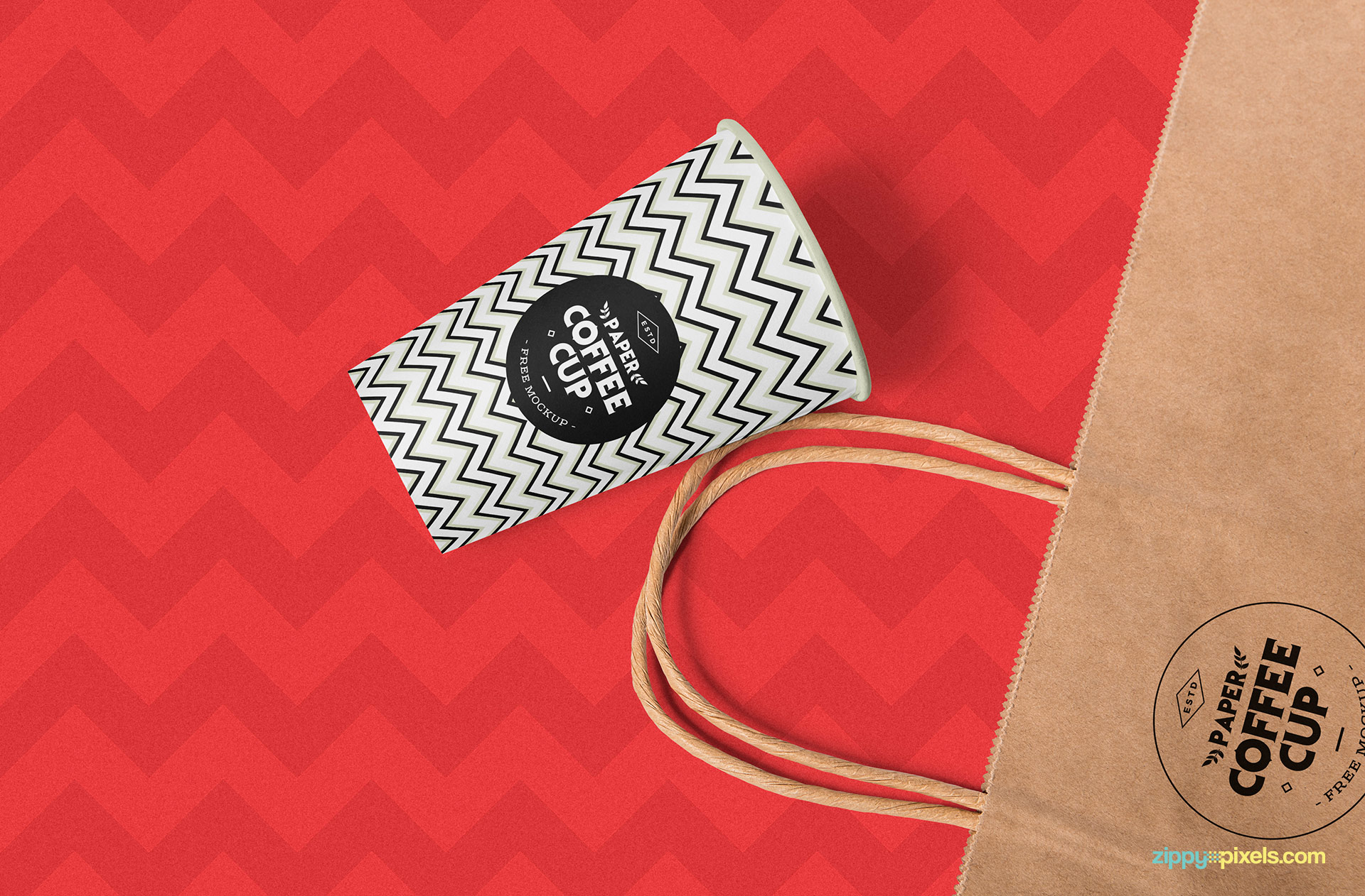 Amazing zig zag background of the cup mockup PSD.