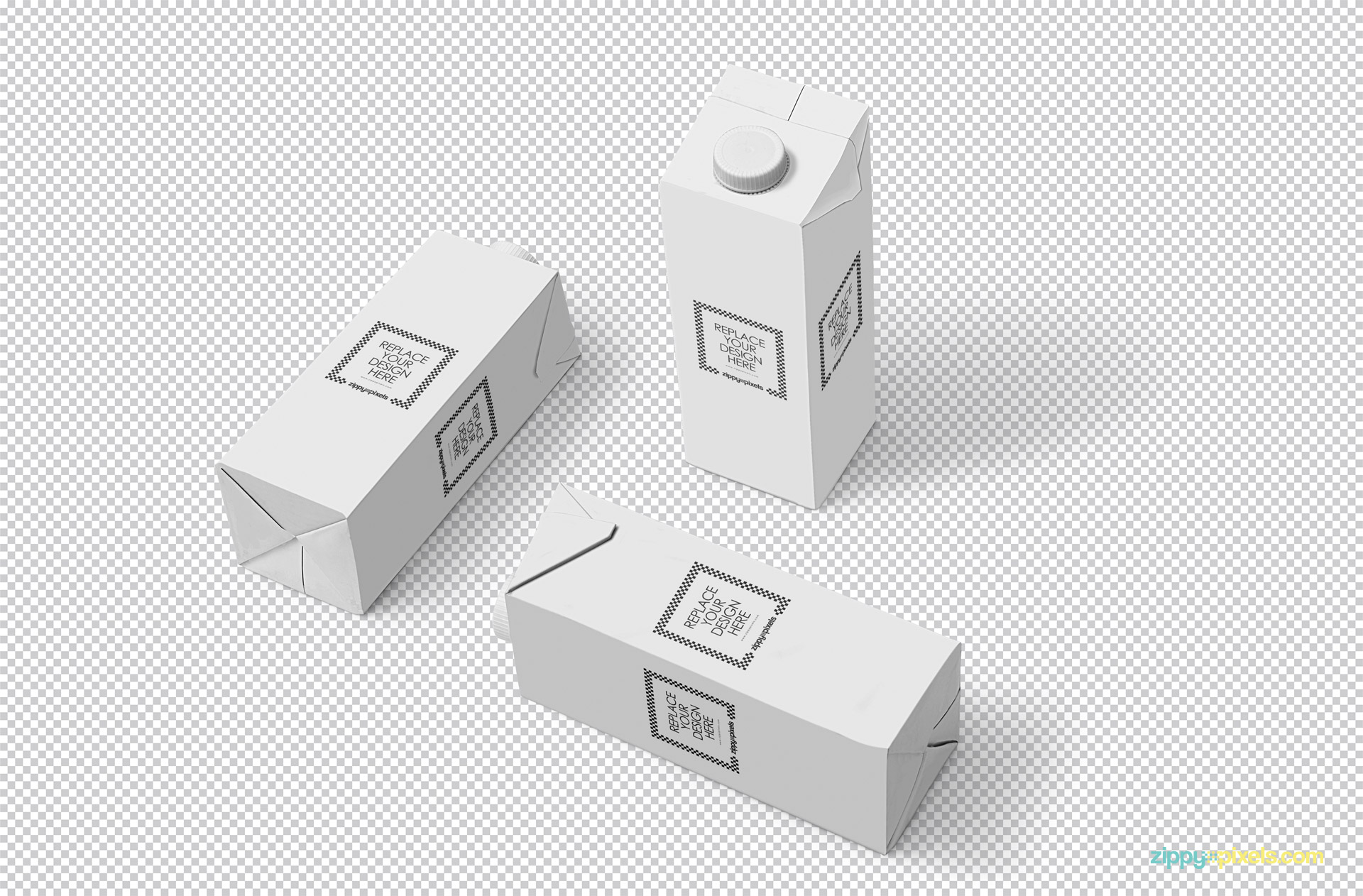 Three editable packaging boxes on greyscale background.