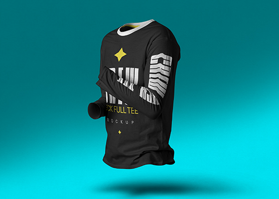 Wrinkled Crew Neck Full Sleeve T-Shirt Mockup