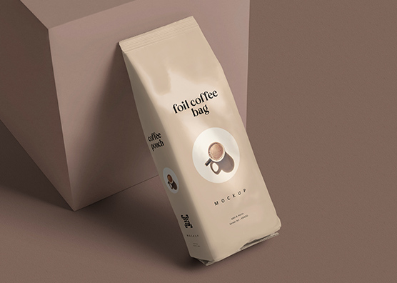 Leaning Foil Coffee Bag Mockup on Cube Display