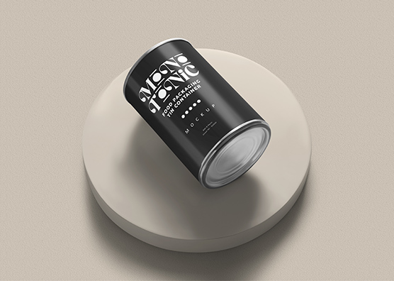 Angled Food Tin Can Mockup with Shadow Base