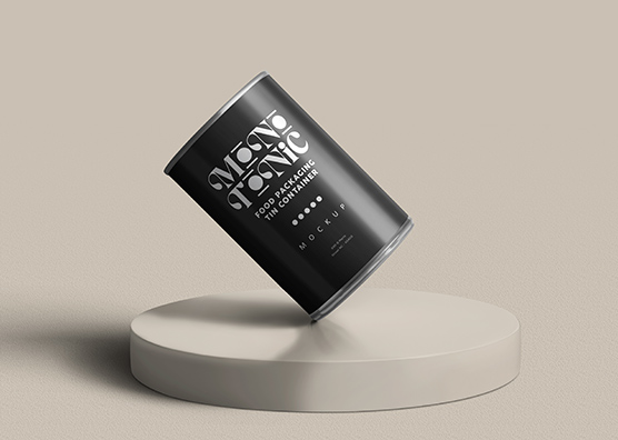 Tilted Food Tin Can Mockup with Clean Design