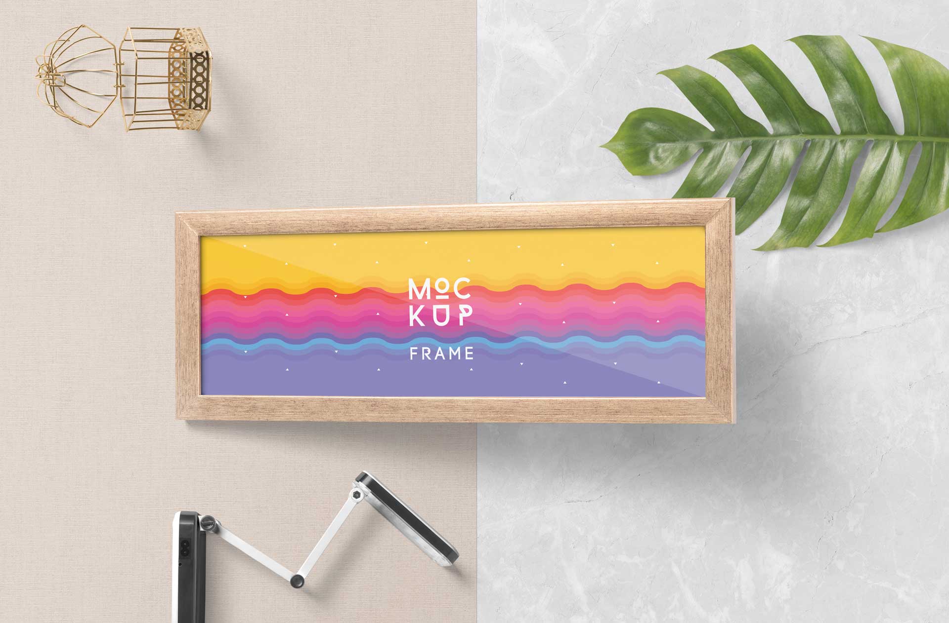 Panoramic Wooden Frame Mockup – Flat Lay View