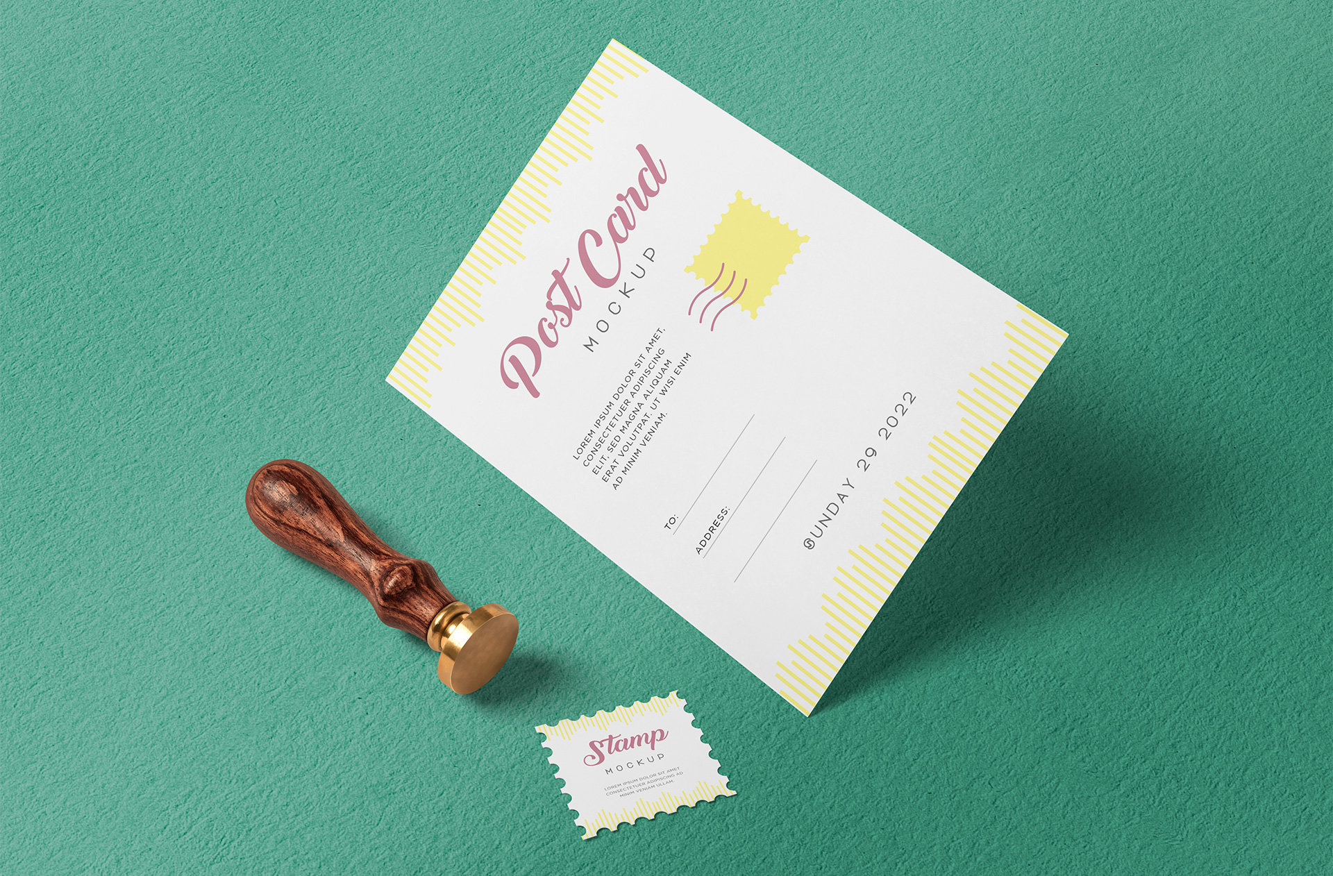 Floating Postcard Mockup with Stamp and Wax Seal