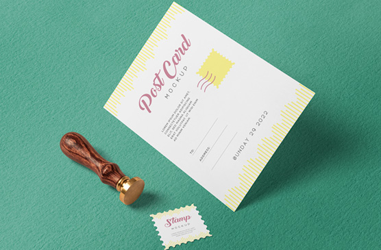 Floating Postcard Mockup with Stamp and Wax Seal