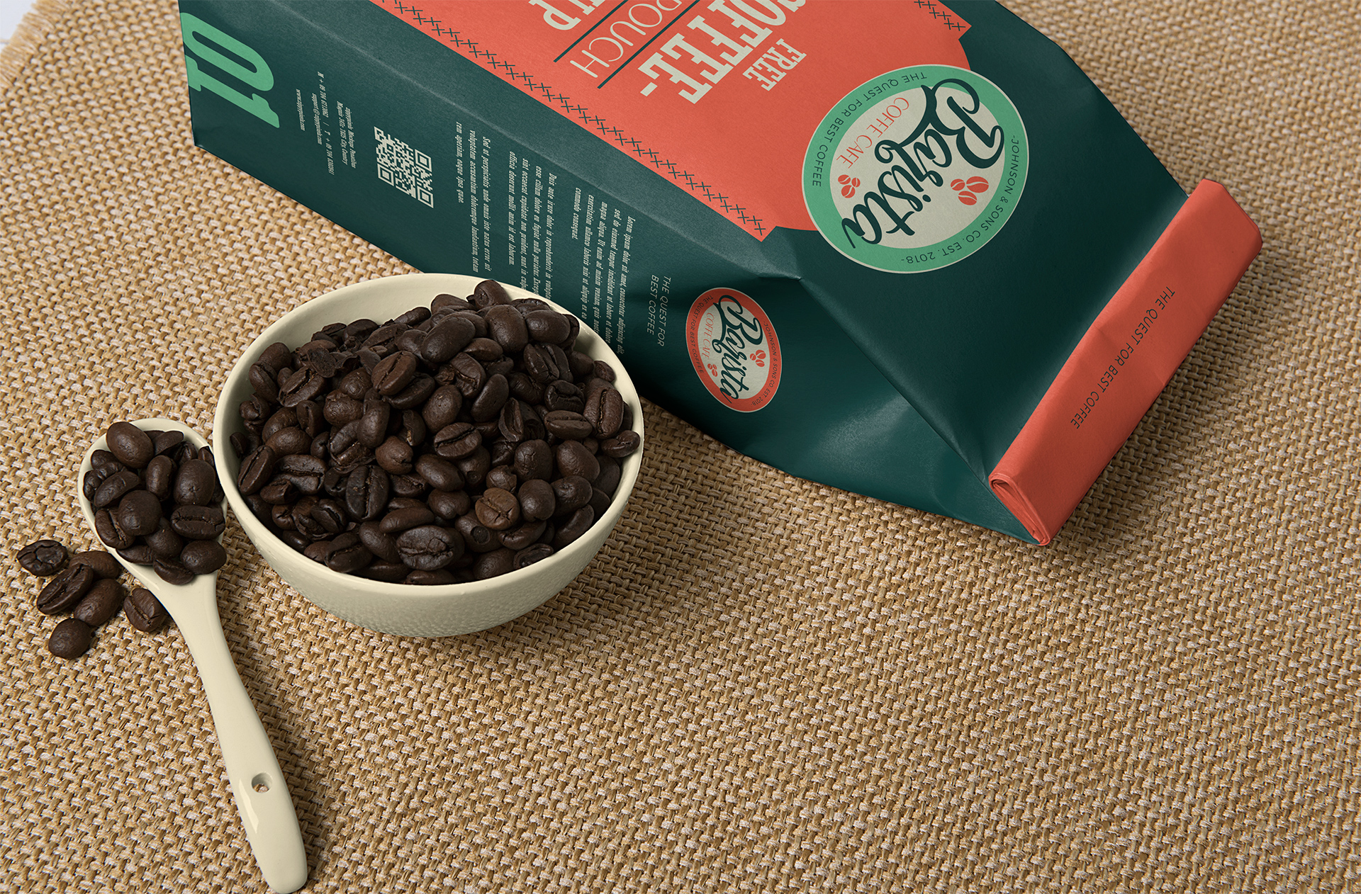 Coffee Packaging Mockup with Beans – Realistic Scene