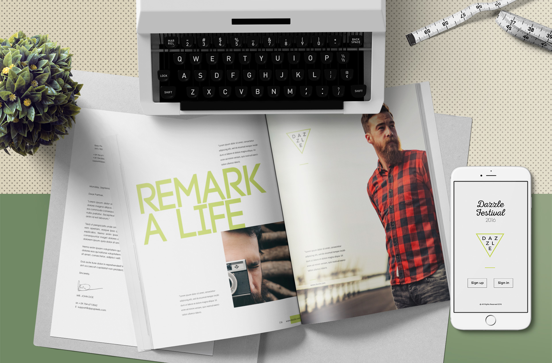 Realistic Open Magazine Mockup with Retro Office Setup